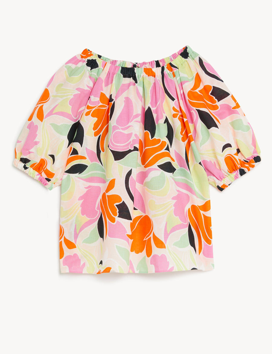 Linen Rich Printed Puff Sleeve Blouse
