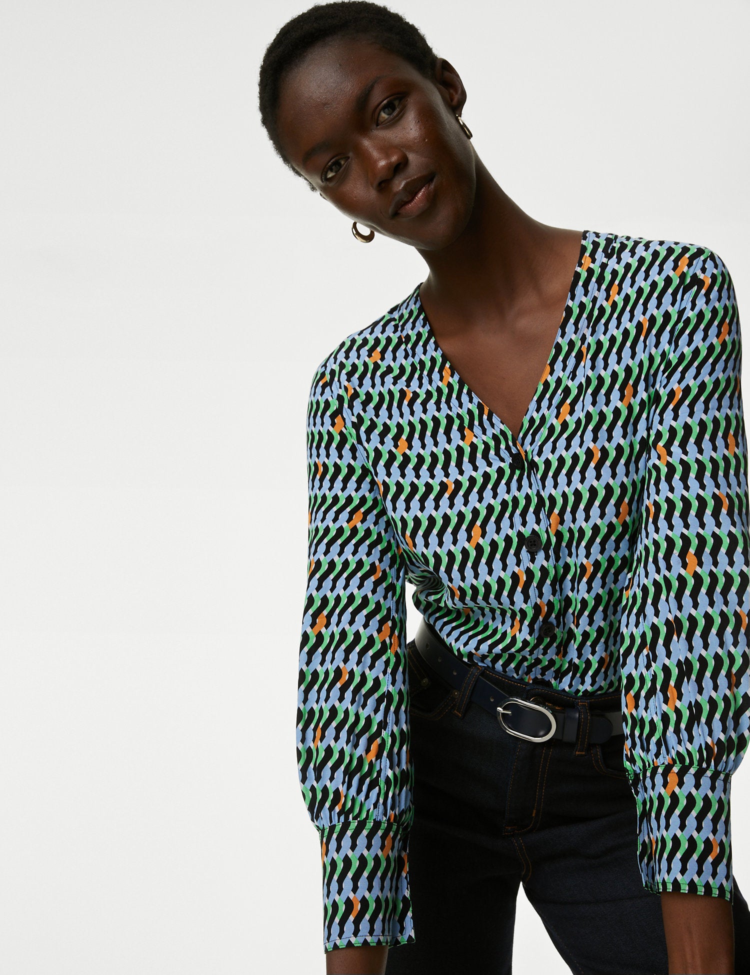 Cupro Rich Geometric Button Through Blouse