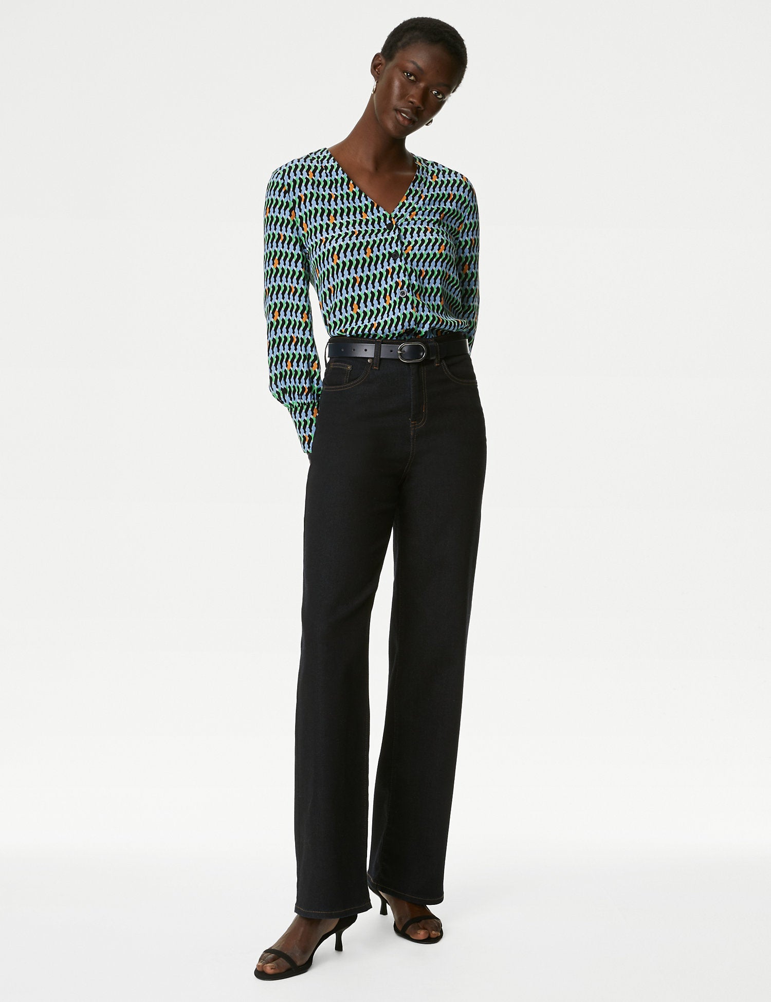 Cupro Rich Geometric Button Through Blouse