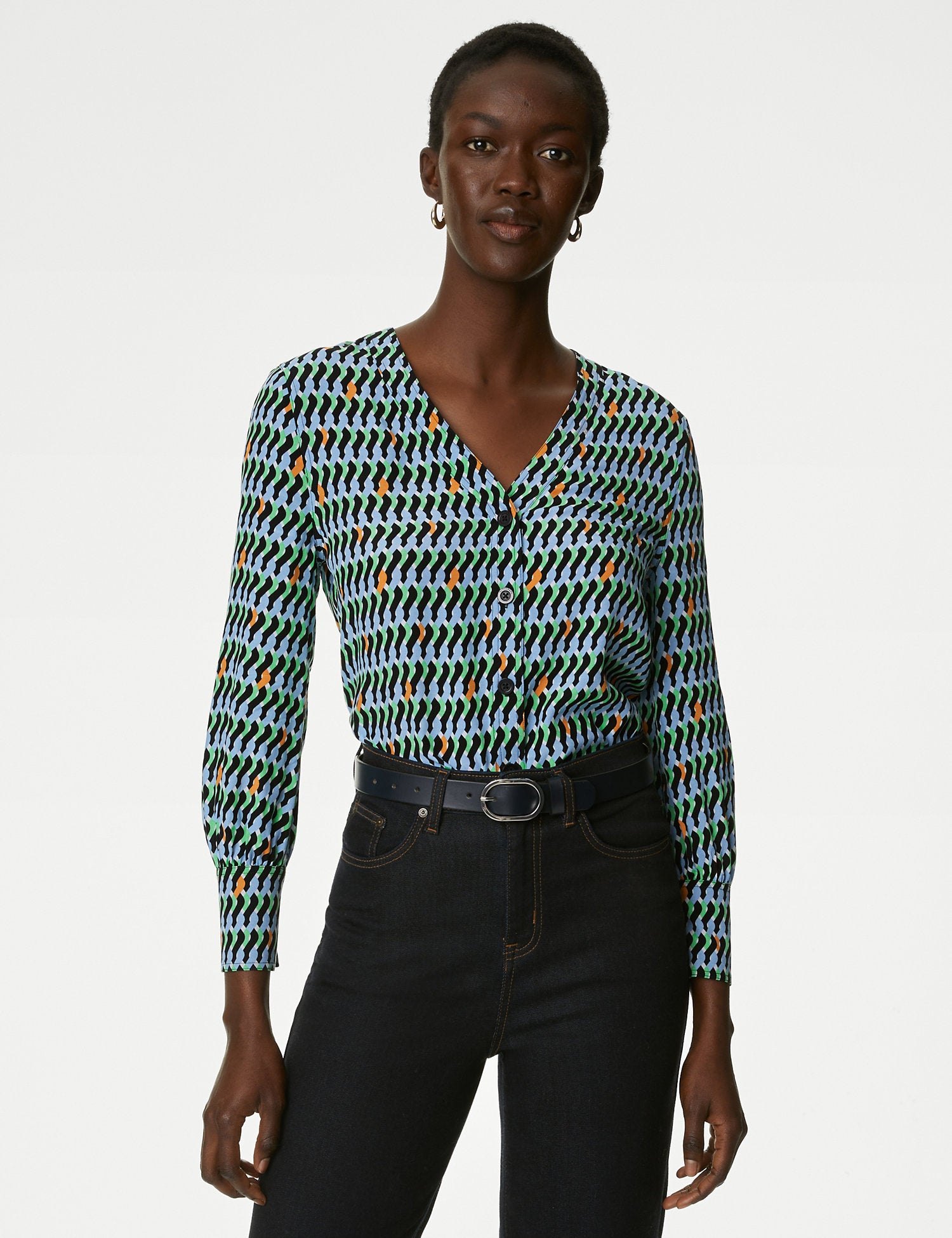 Cupro Rich Geometric Button Through Blouse