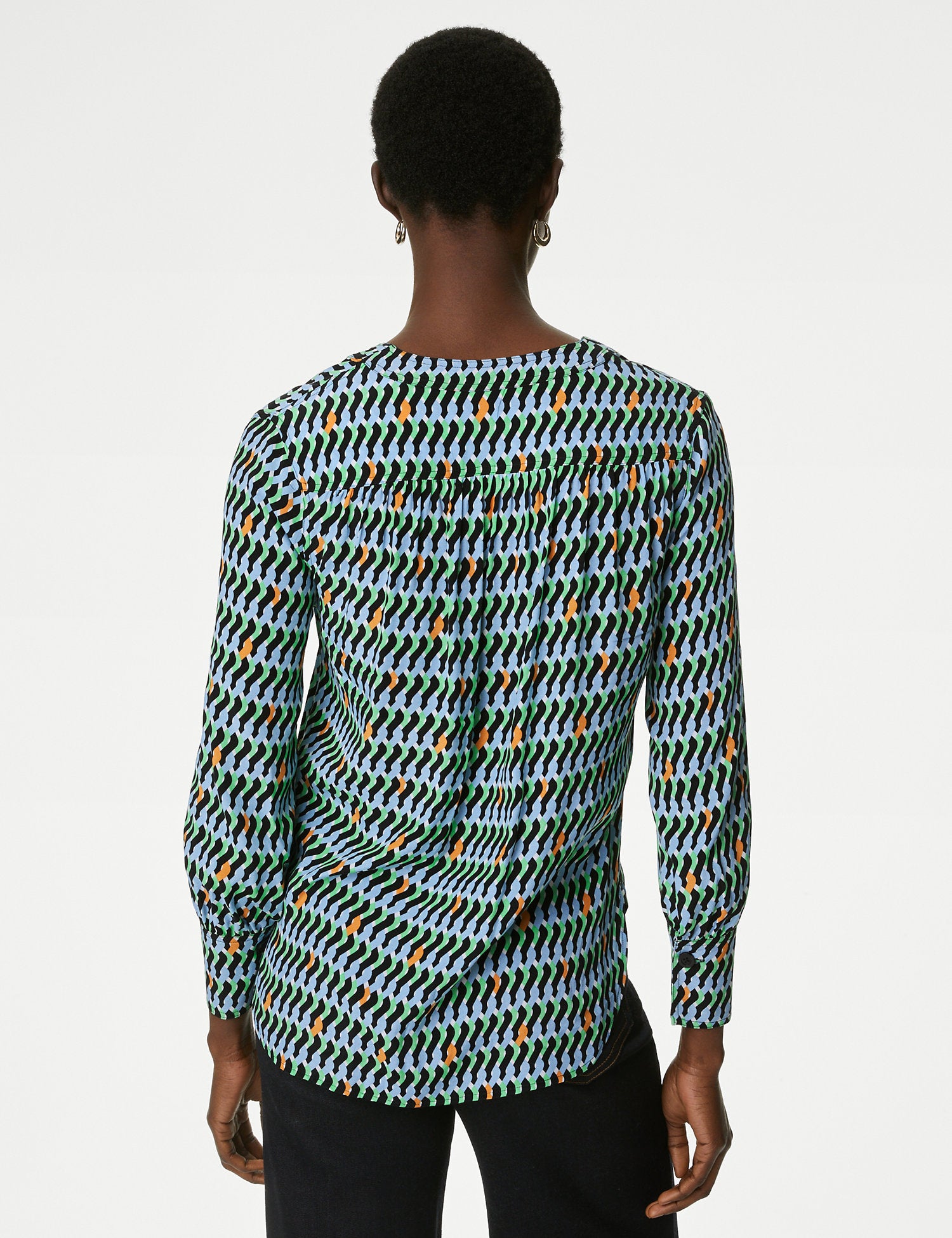 Cupro Rich Geometric Button Through Blouse