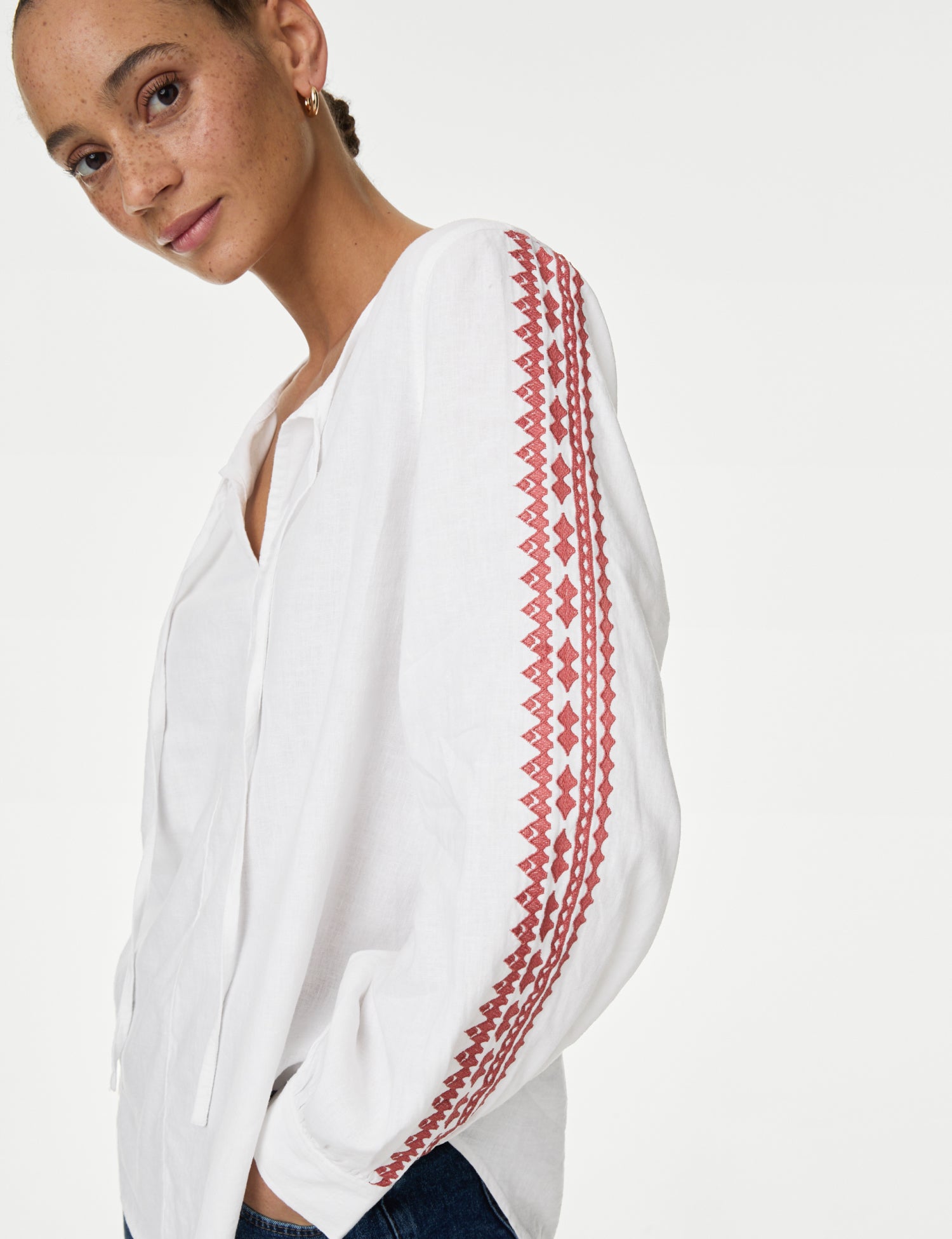 Linen Blend Embroidered Tie Neck Blouse