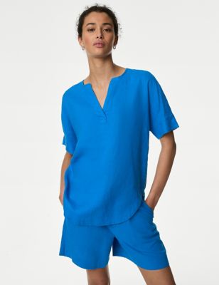 Pure Linen V-Neck Popover Blouse