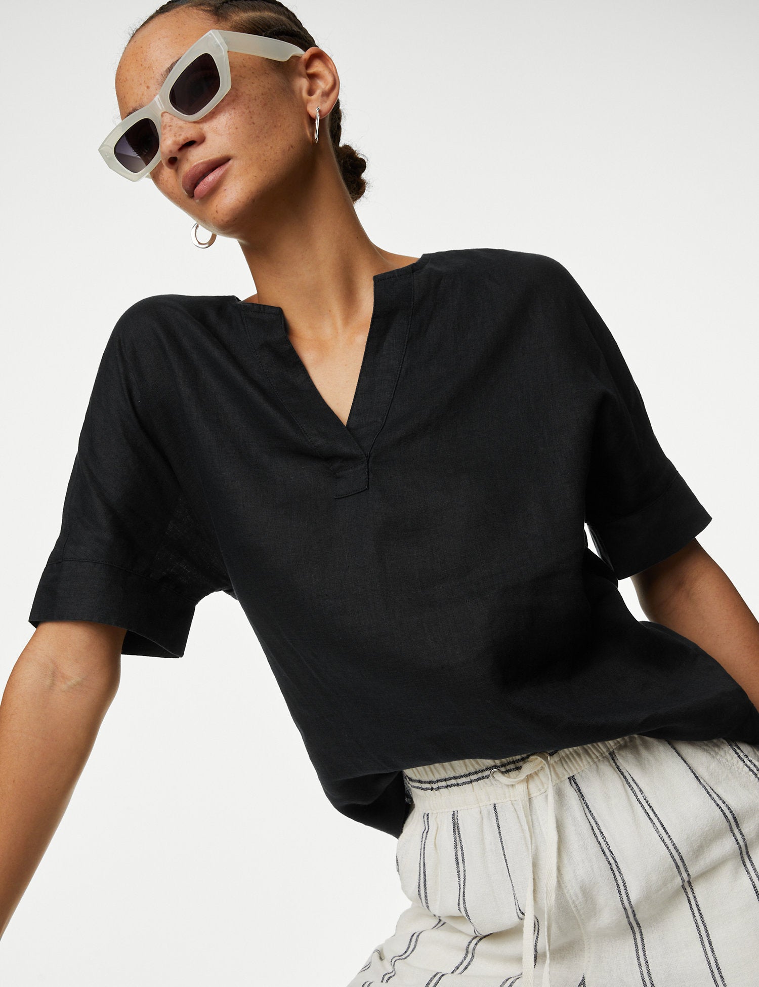 Pure Linen V-Neck Popover Blouse