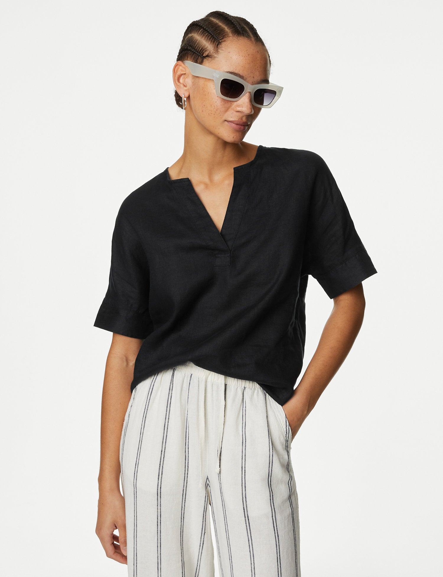 Pure Linen V-Neck Popover Blouse