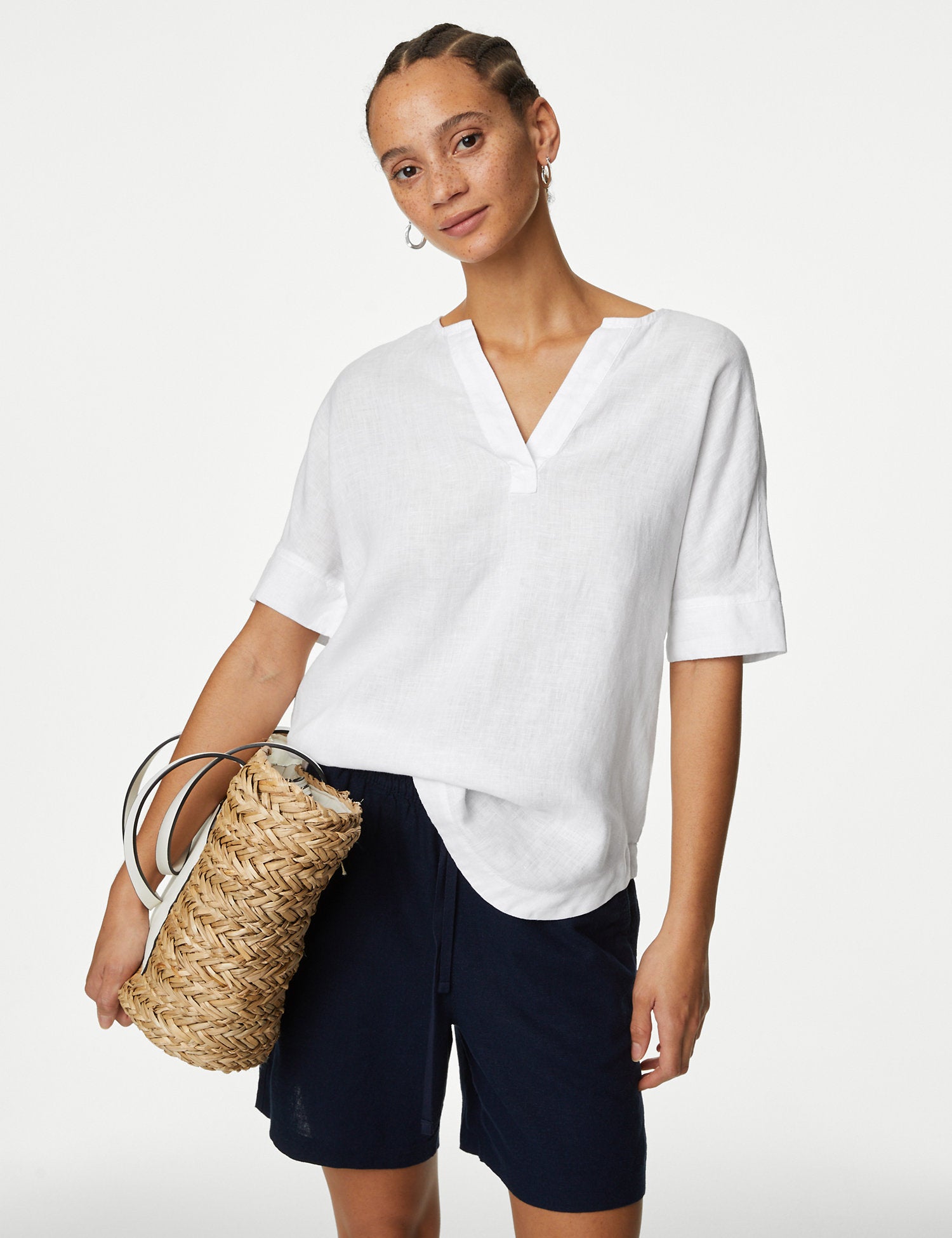Pure Linen V-Neck Popover Blouse