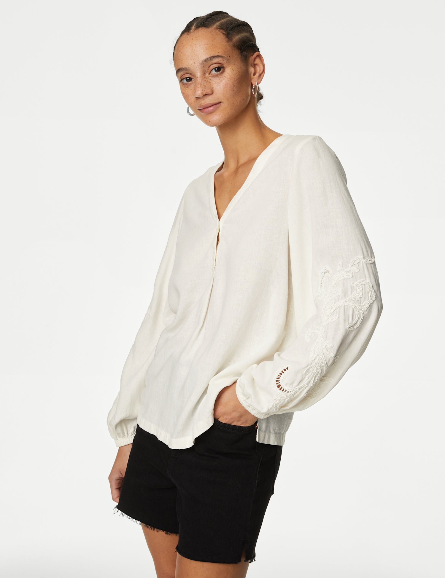 Linen Blend Embroidered V-Neck Blouse