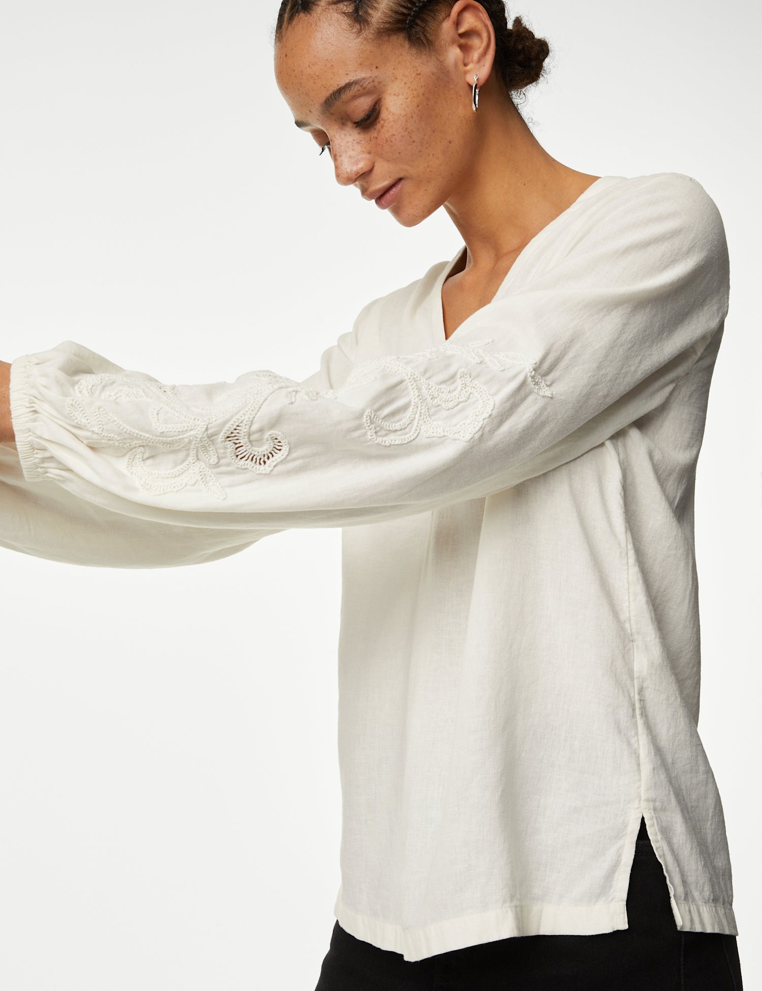 Linen Blend Embroidered V-Neck Blouse