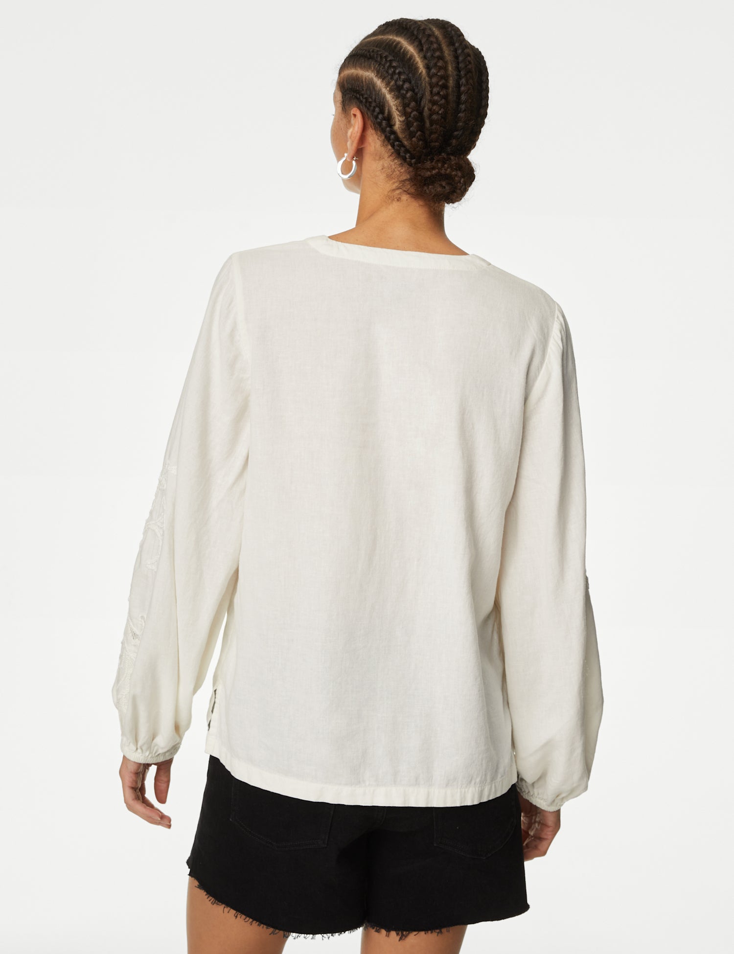 Linen Blend Embroidered V-Neck Blouse