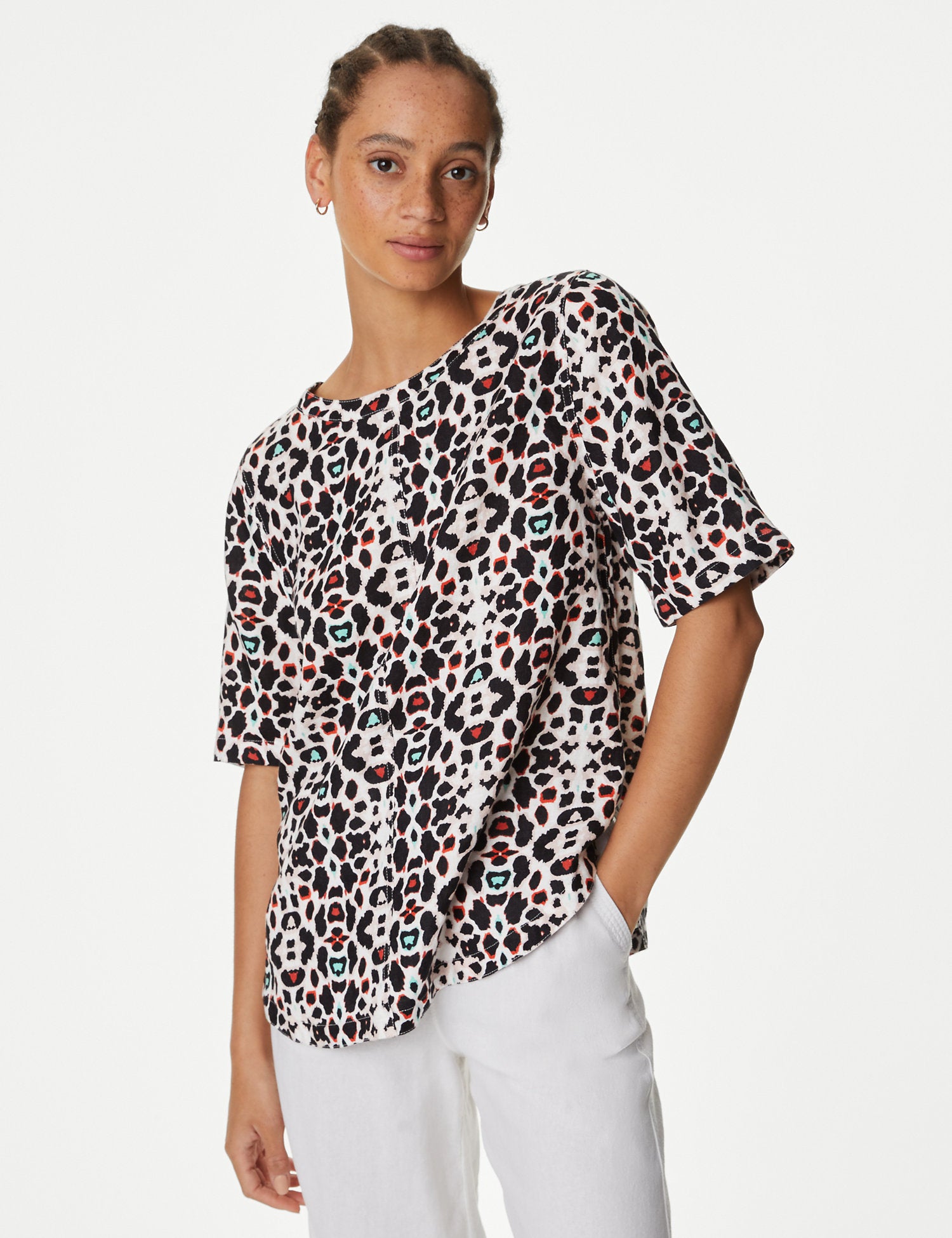Pure Linen Printed Round Neck T-Shirt