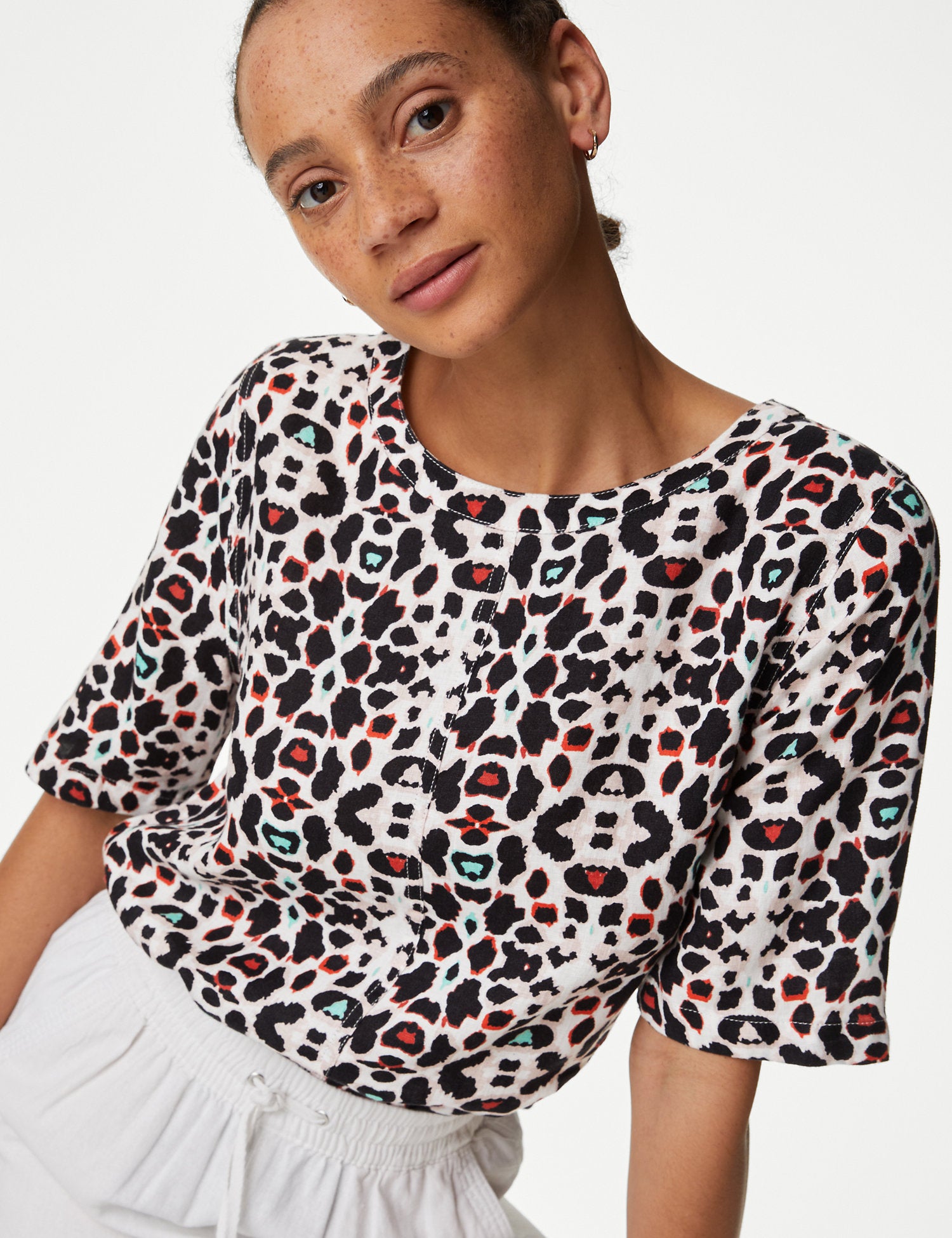 Pure Linen Printed Round Neck T-Shirt
