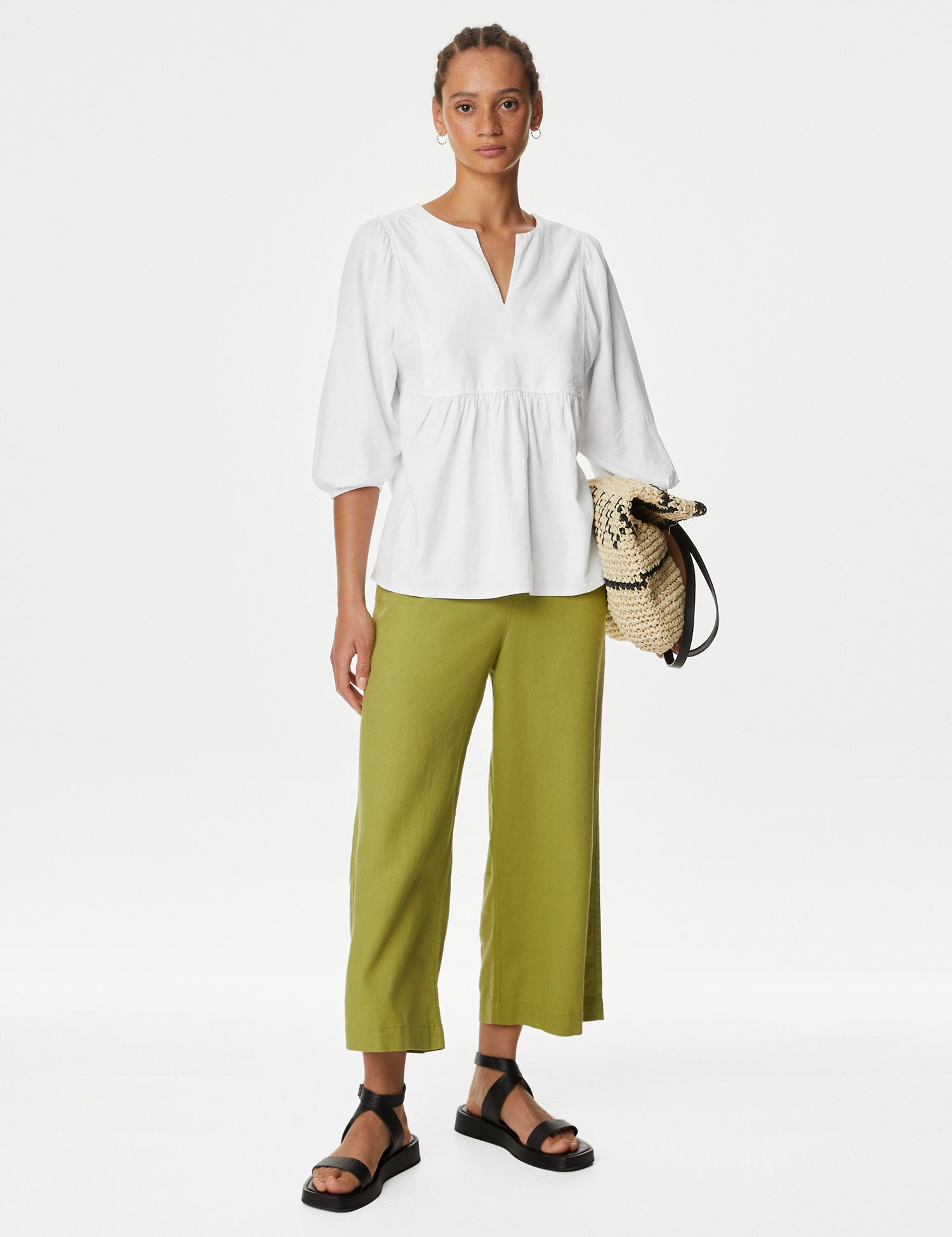 Linen Rich V-Neck Puff Sleeve Blouse