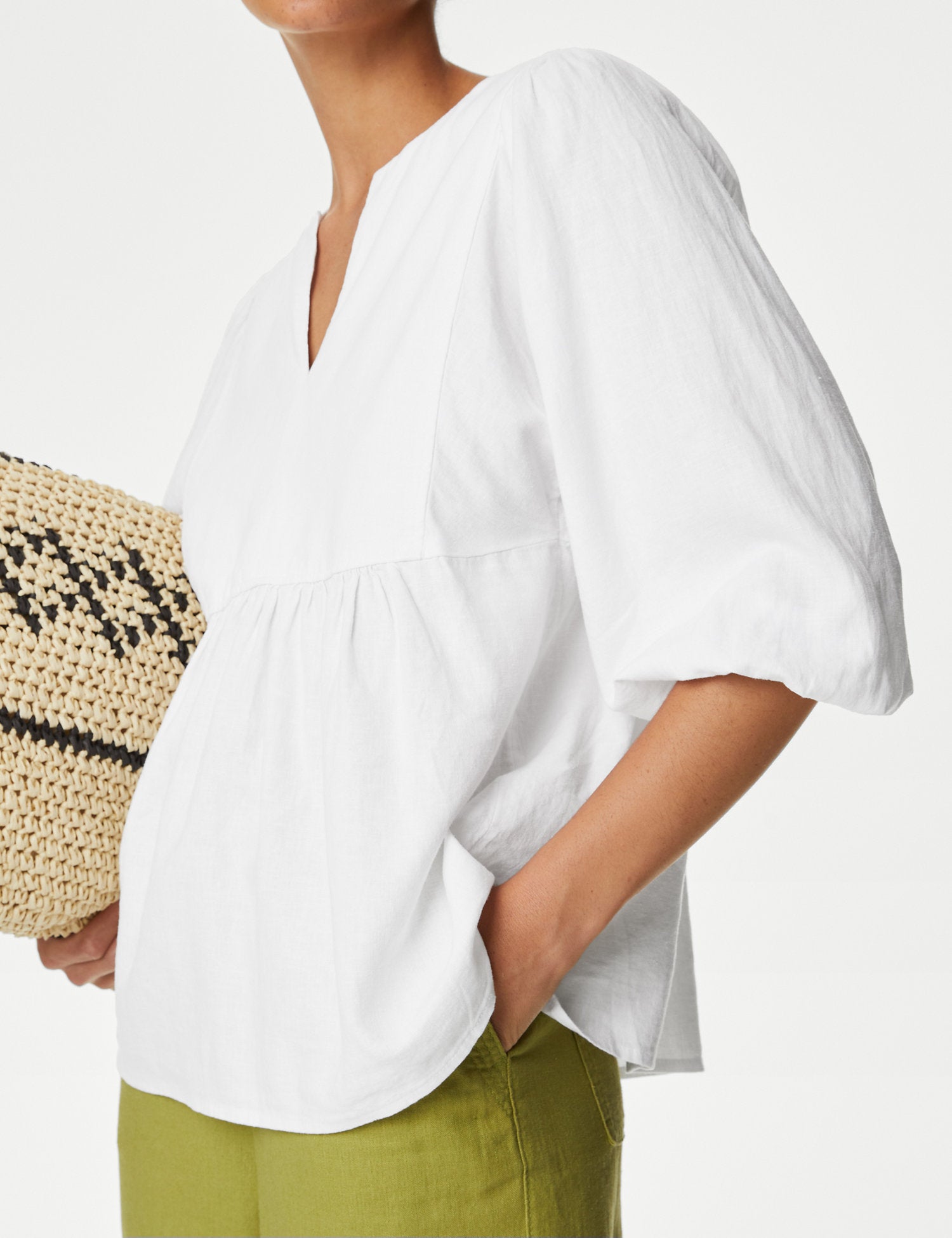 Linen Rich V-Neck Puff Sleeve Blouse