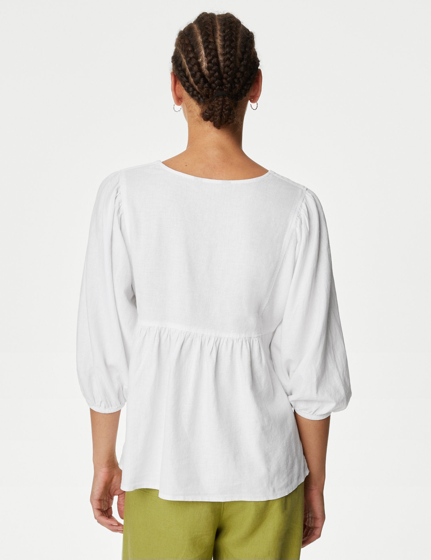Linen Rich V-Neck Puff Sleeve Blouse