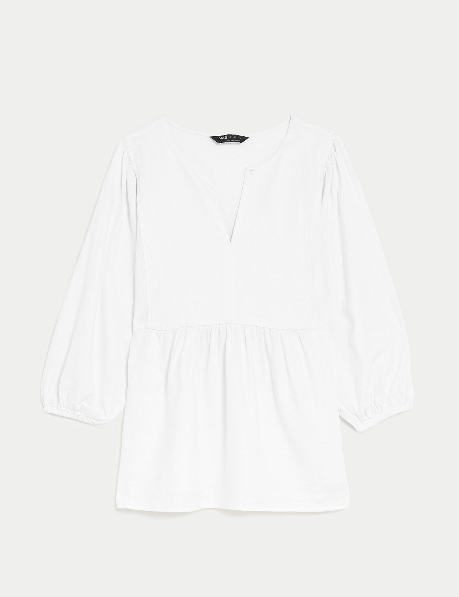 Linen Rich V-Neck Puff Sleeve Blouse