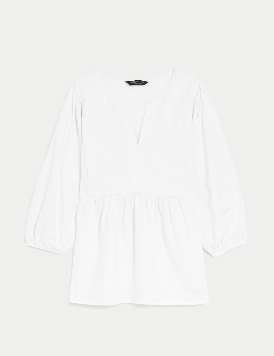 Linen Rich V-Neck Puff Sleeve Blouse