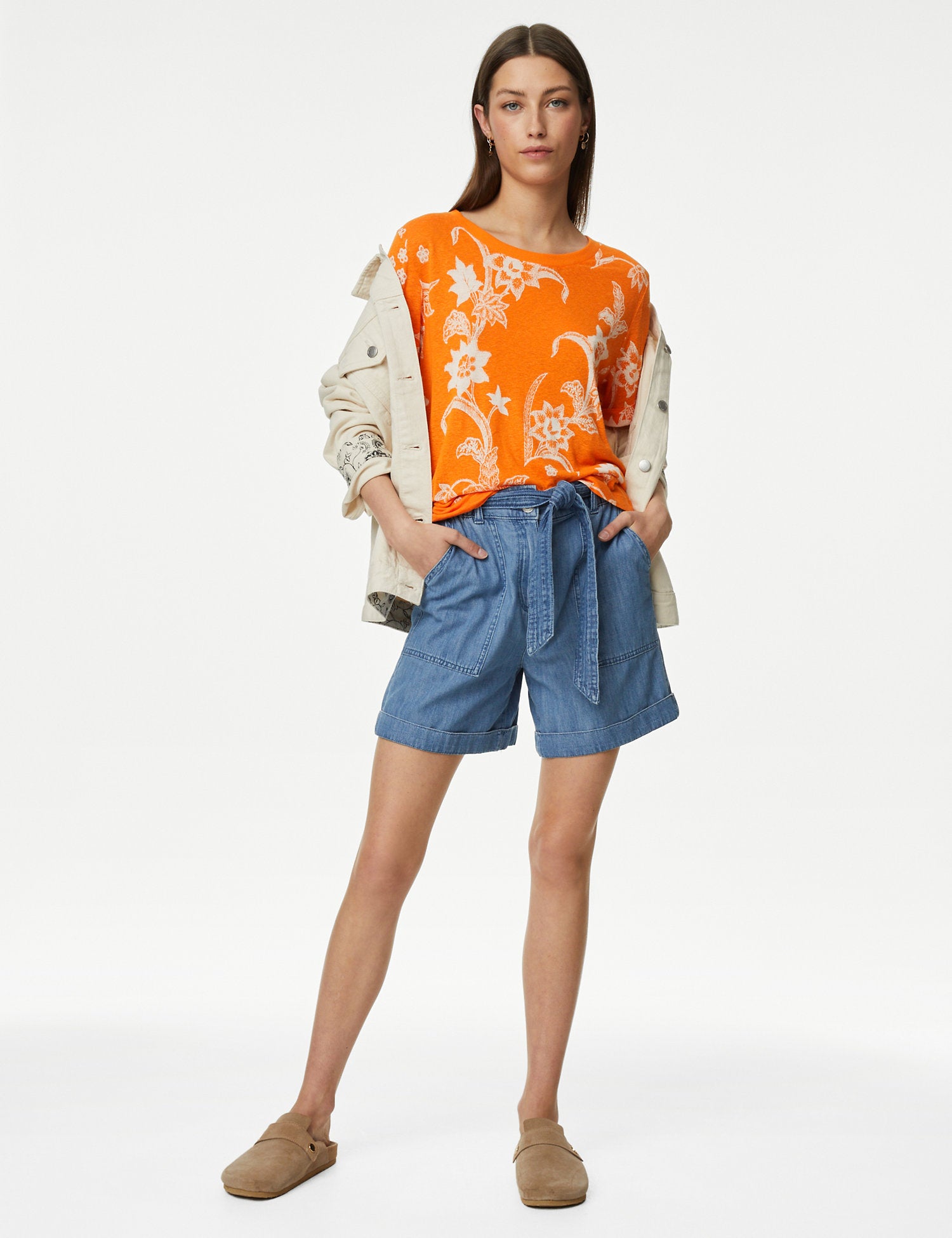 Linen Blend Geometric Short Sleeve T-Shirt