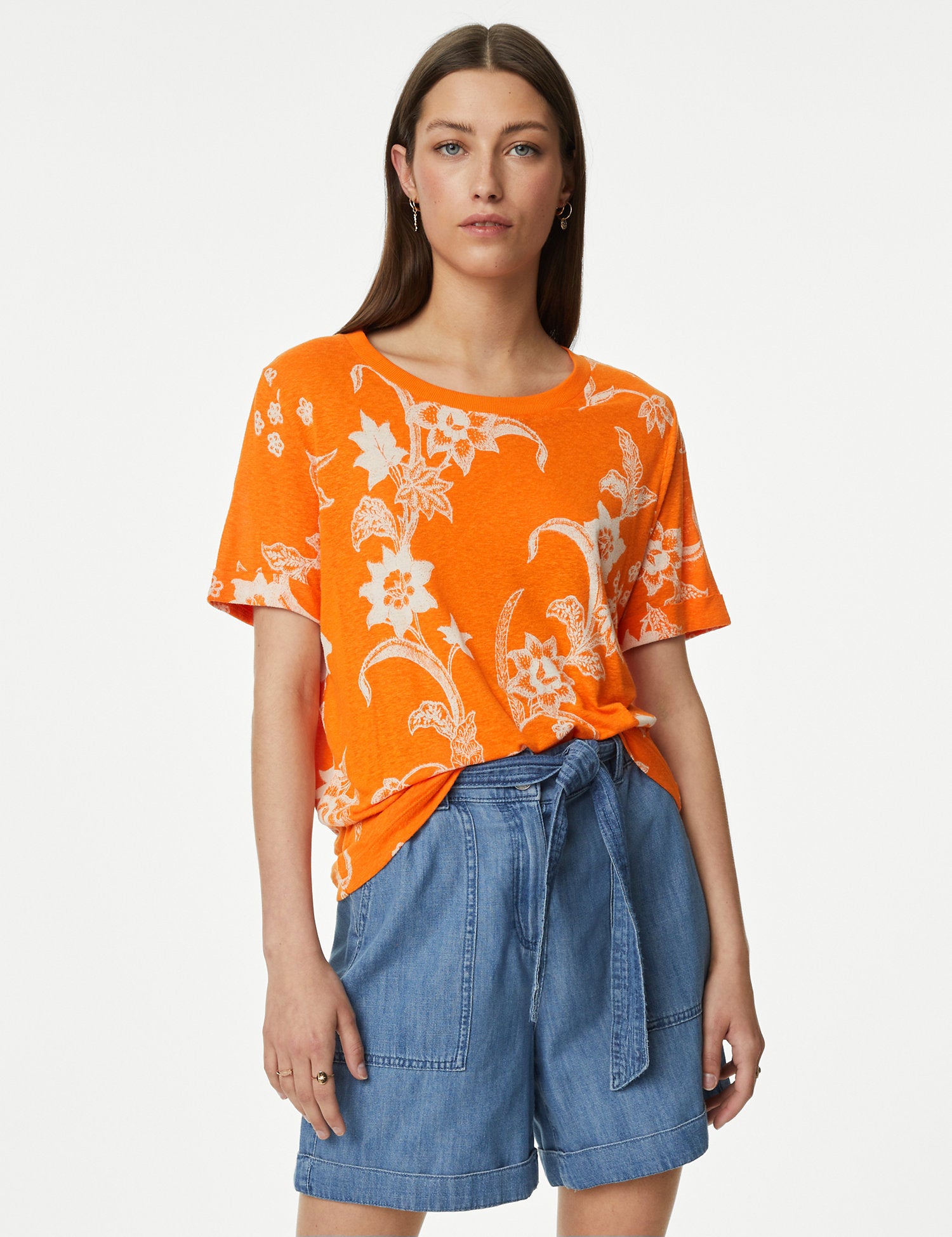 Linen Blend Geometric Short Sleeve T-Shirt