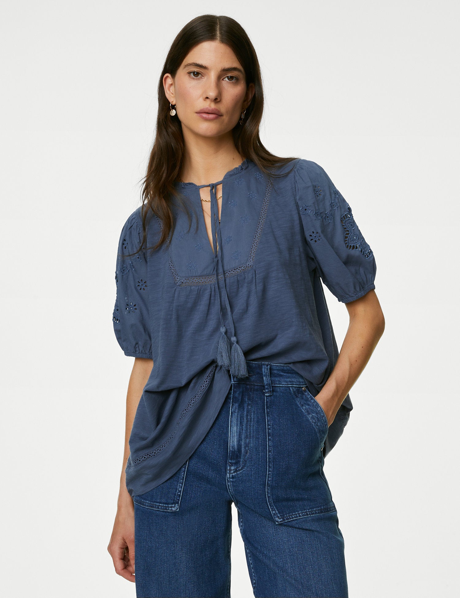 Pure Cotton Broderie Puff Sleeve Top