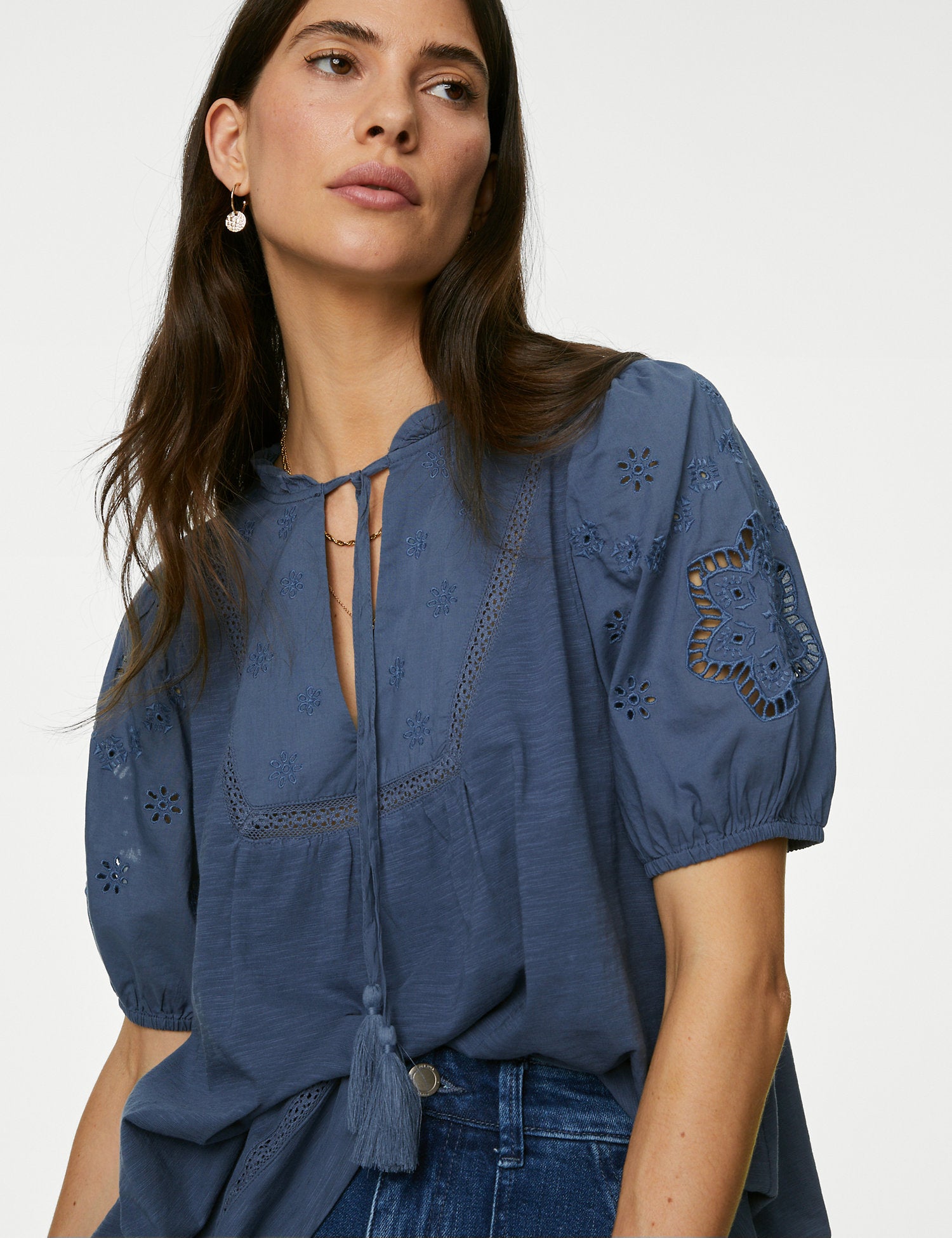 Pure Cotton Broderie Puff Sleeve Top