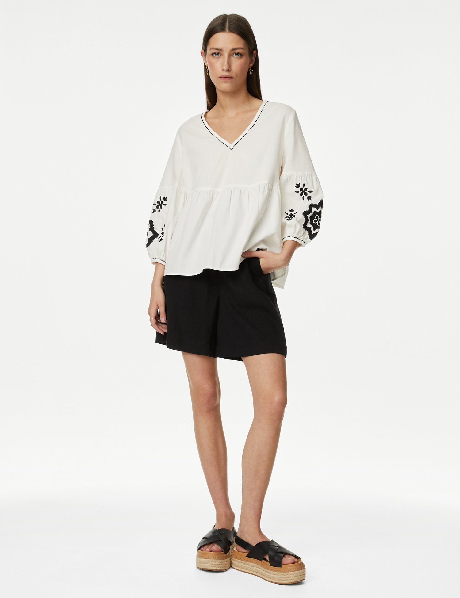 Pure Cotton Embroidered V-Neck Blouse