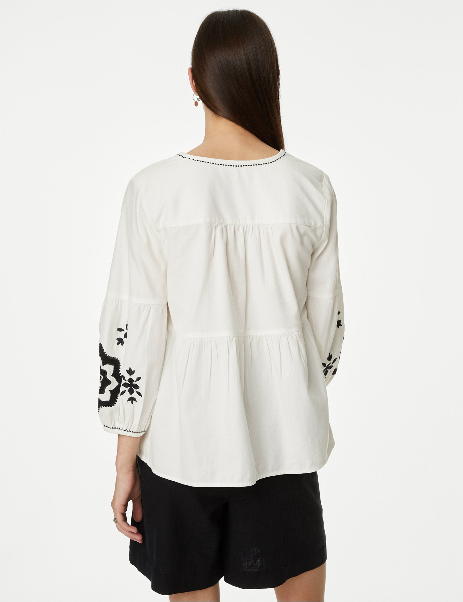 Pure Cotton Embroidered V-Neck Blouse
