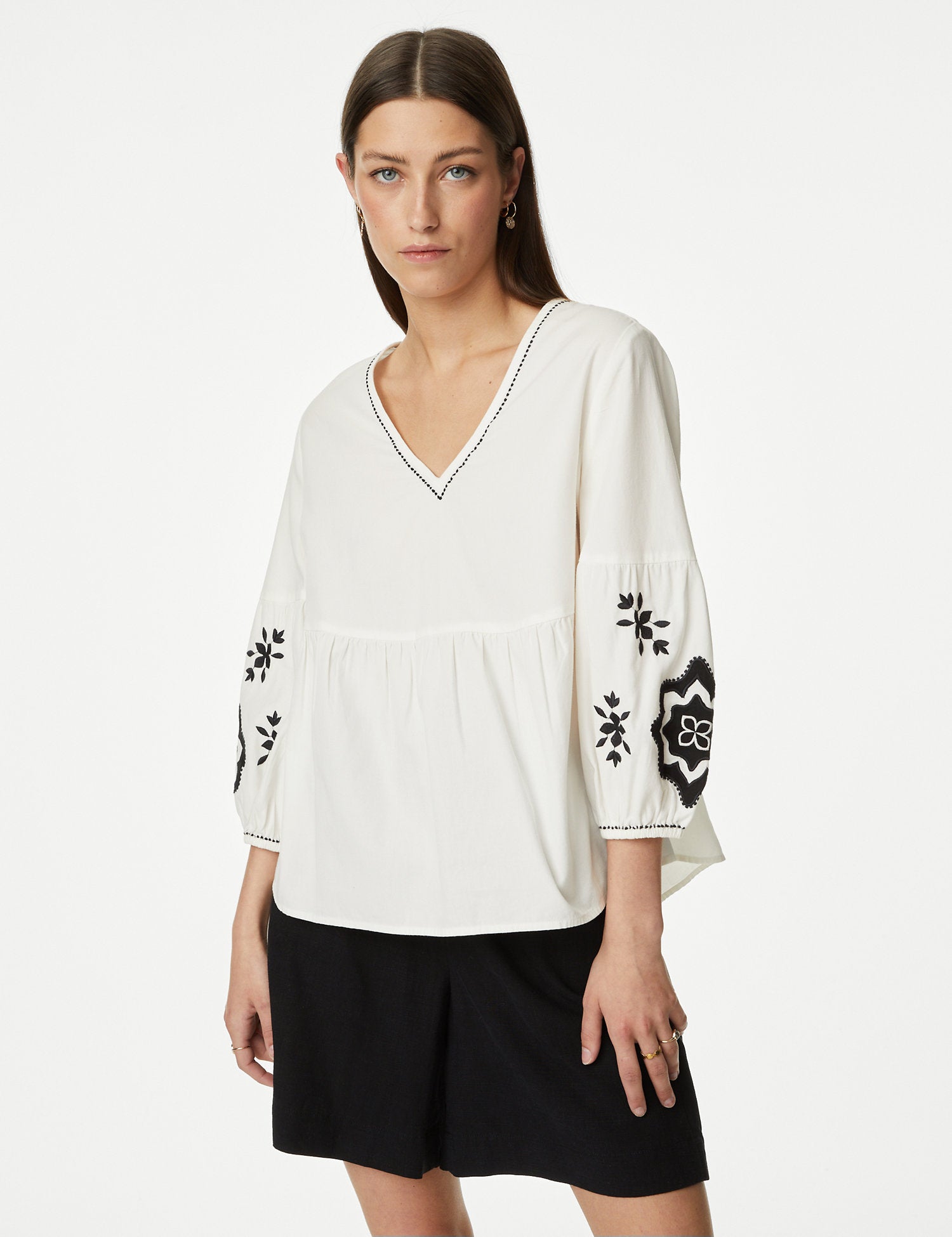 Pure Cotton Embroidered V-Neck Blouse