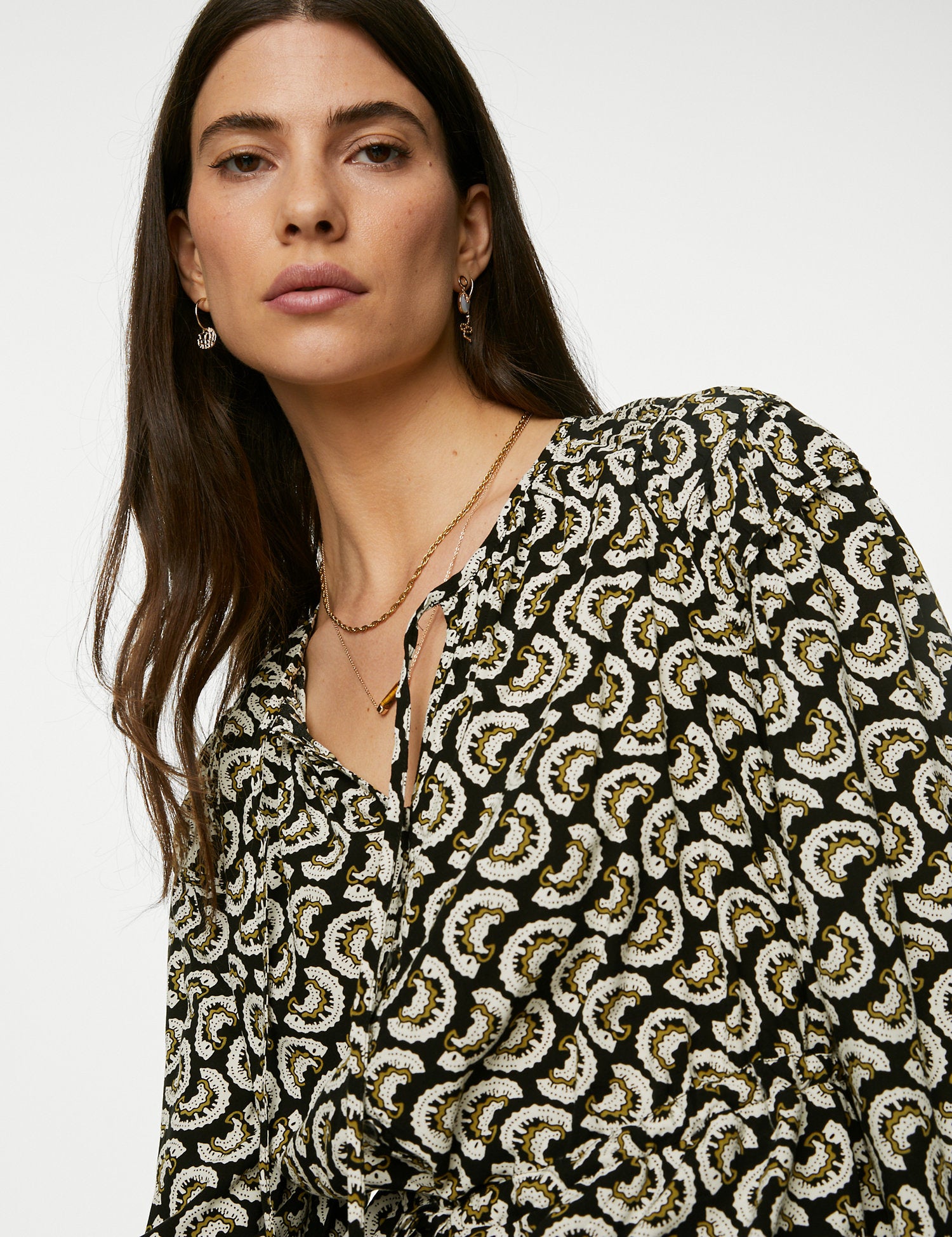 Printed Shirred Tie Neck Blouse