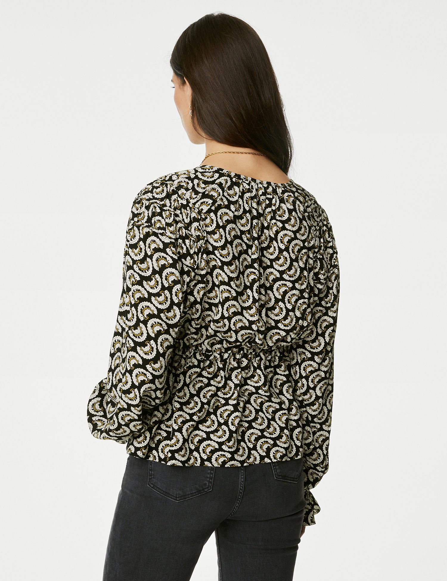 Printed Shirred Tie Neck Blouse