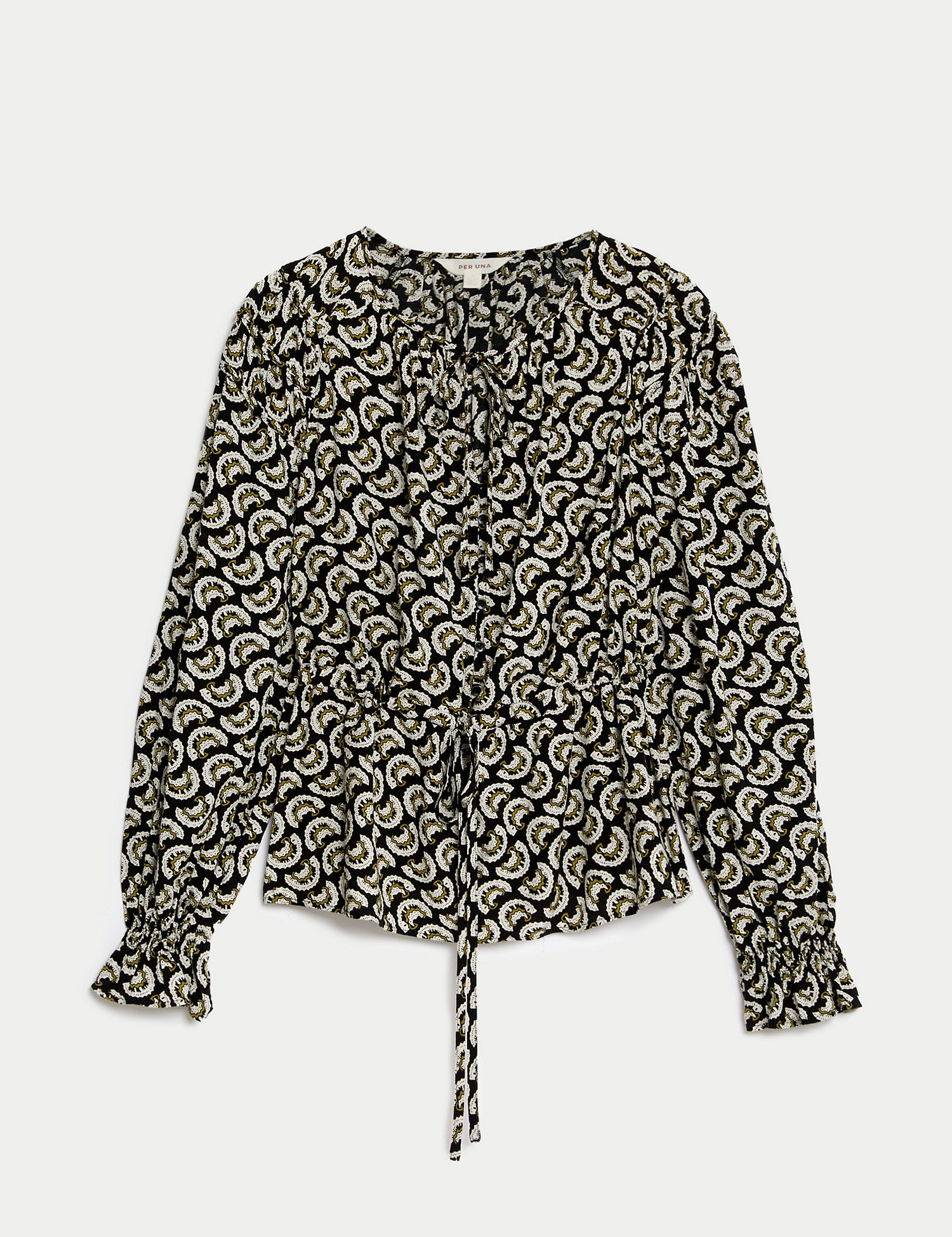 Printed Shirred Tie Neck Blouse