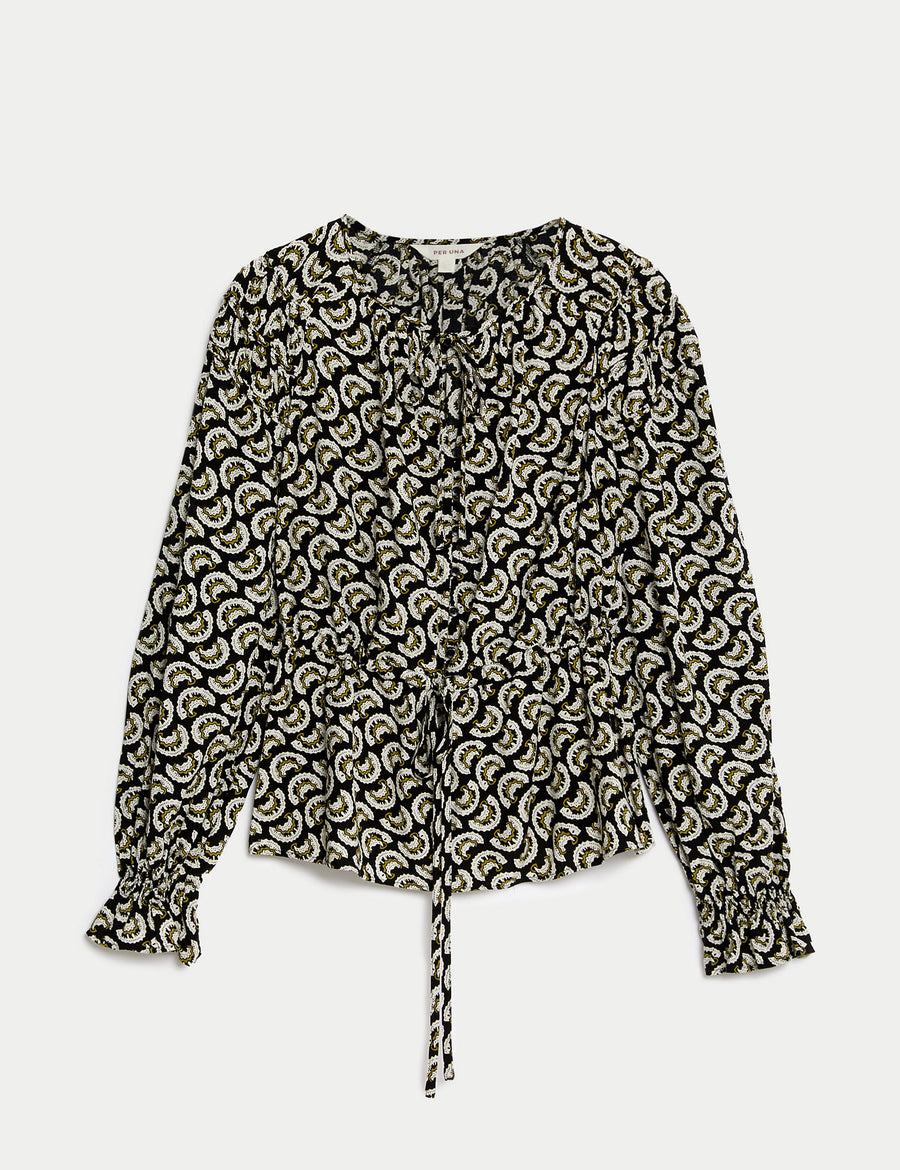 Printed Shirred Tie Neck Blouse