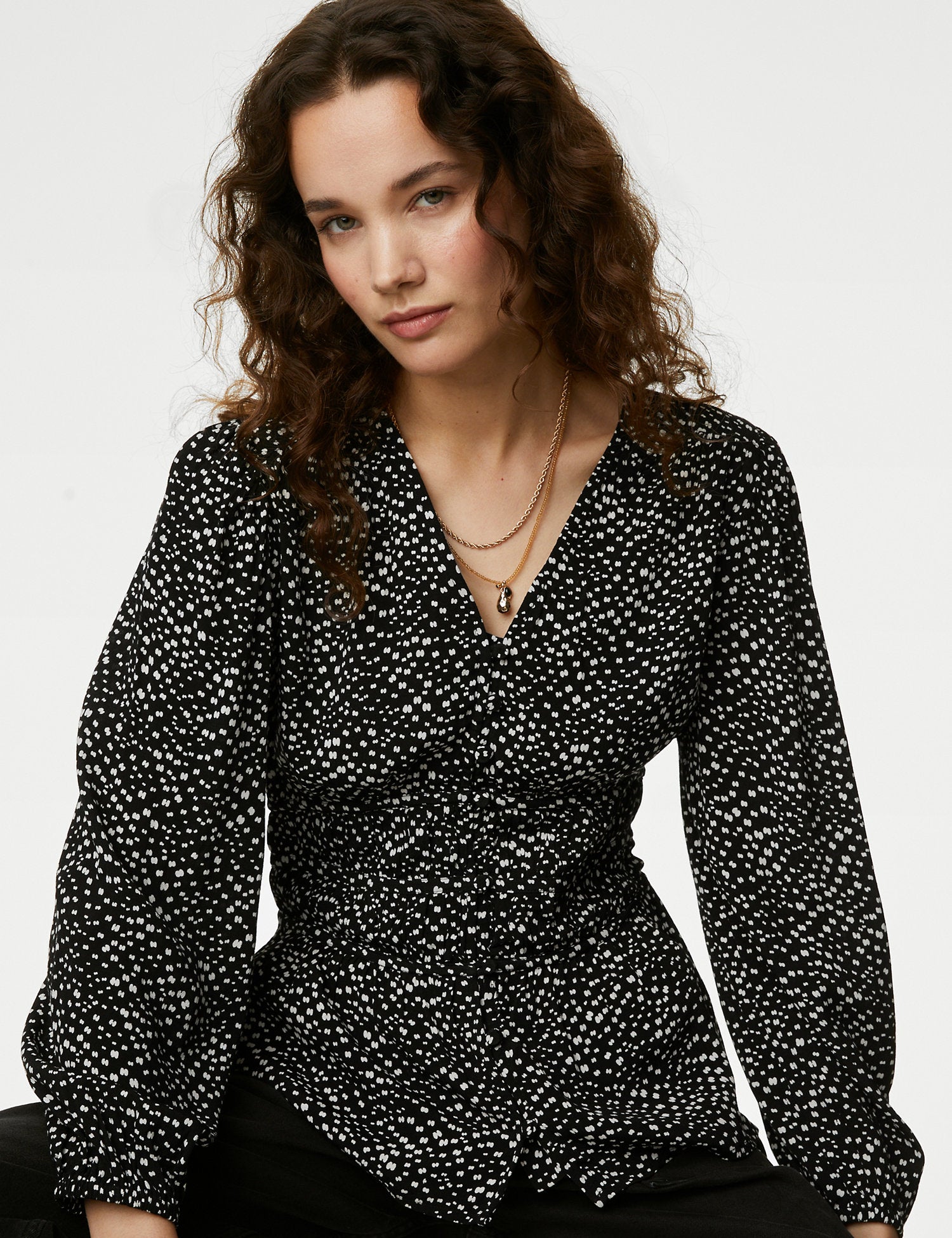 Printed Button Through Waisted Blouse