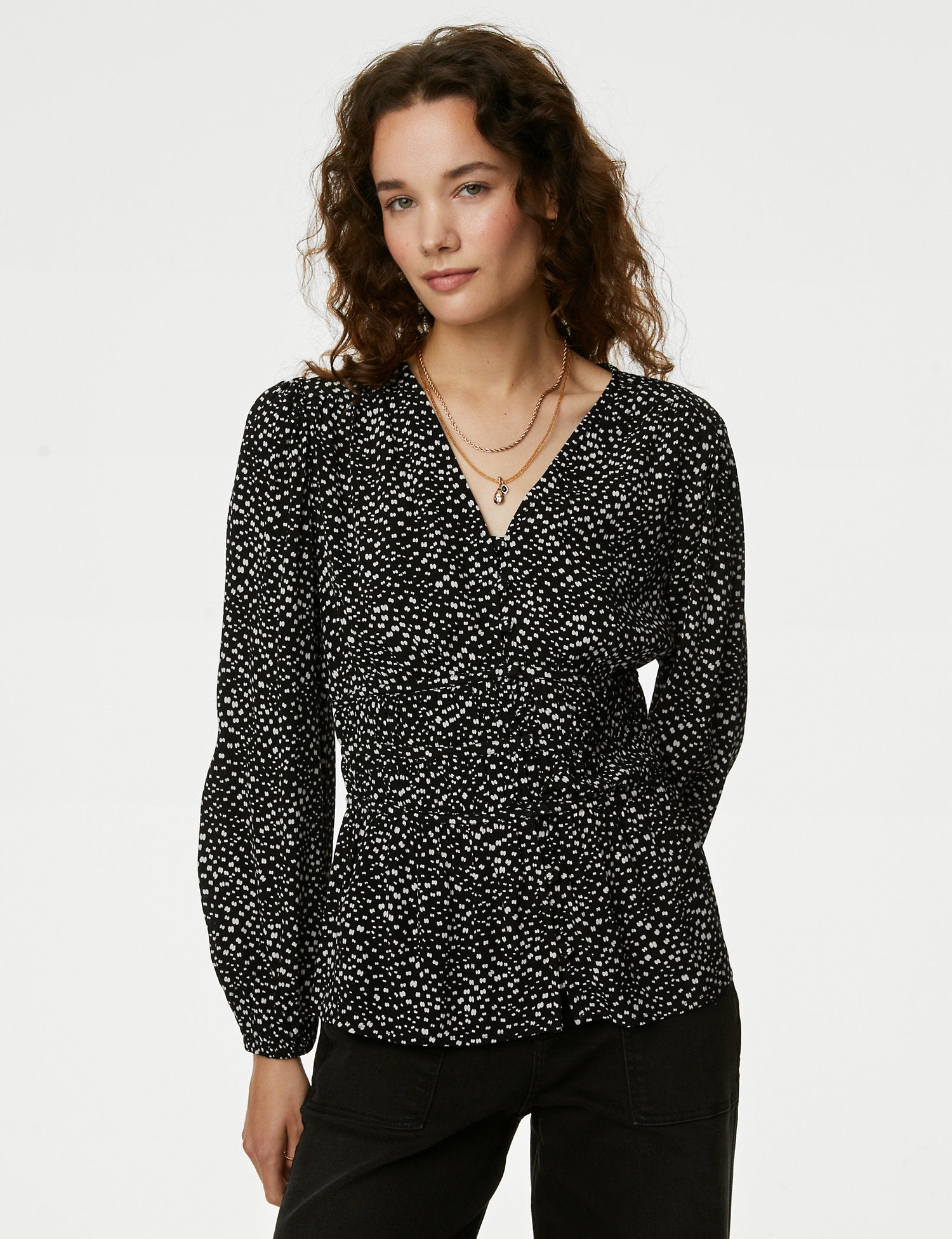 Printed Button Through Waisted Blouse