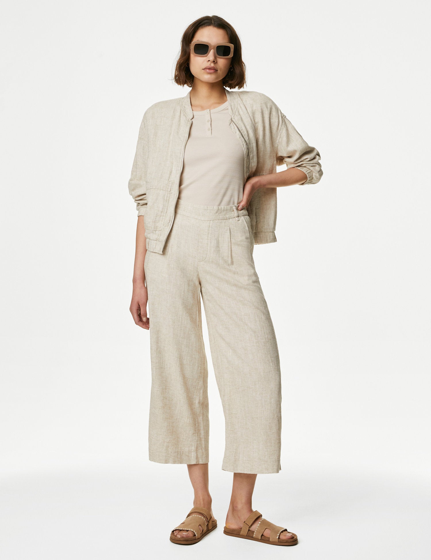 Linen Rich Wide Leg Cropped Trousers