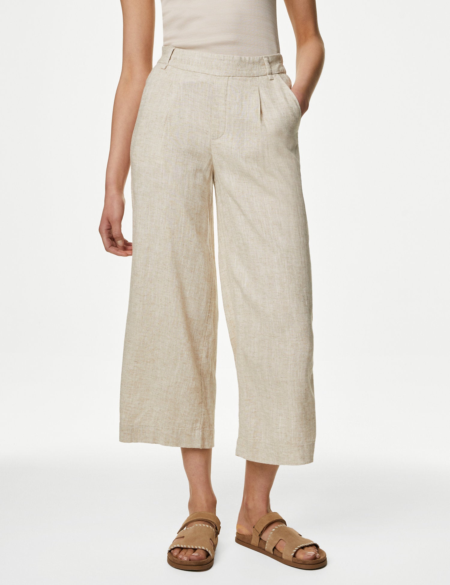Linen Rich Wide Leg Cropped Trousers