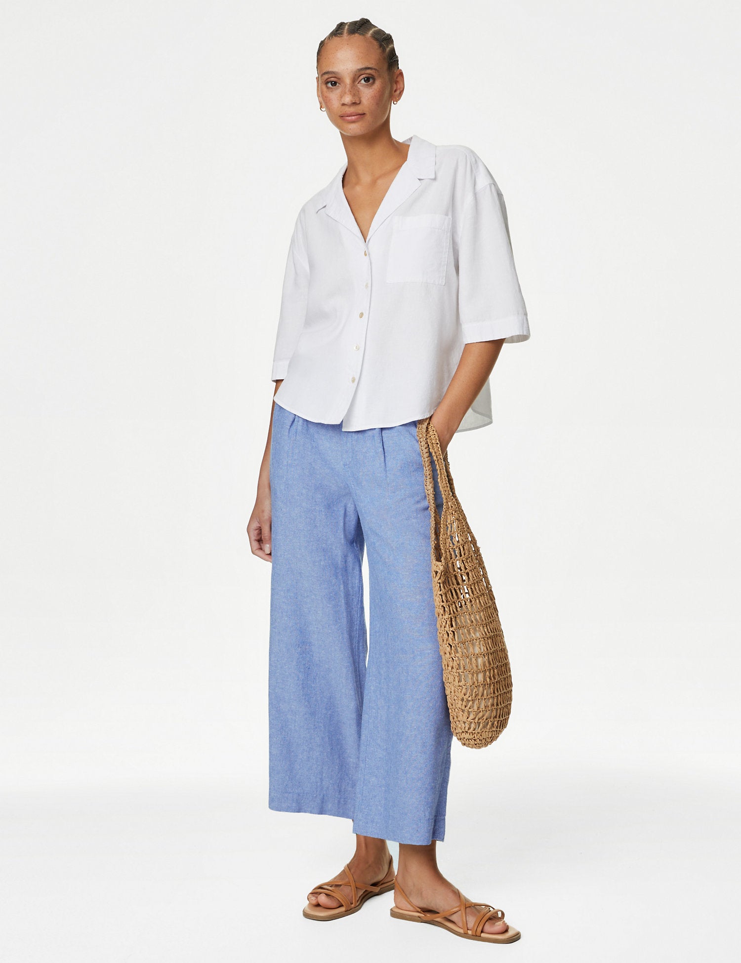 Linen Rich Wide Leg Cropped Trousers