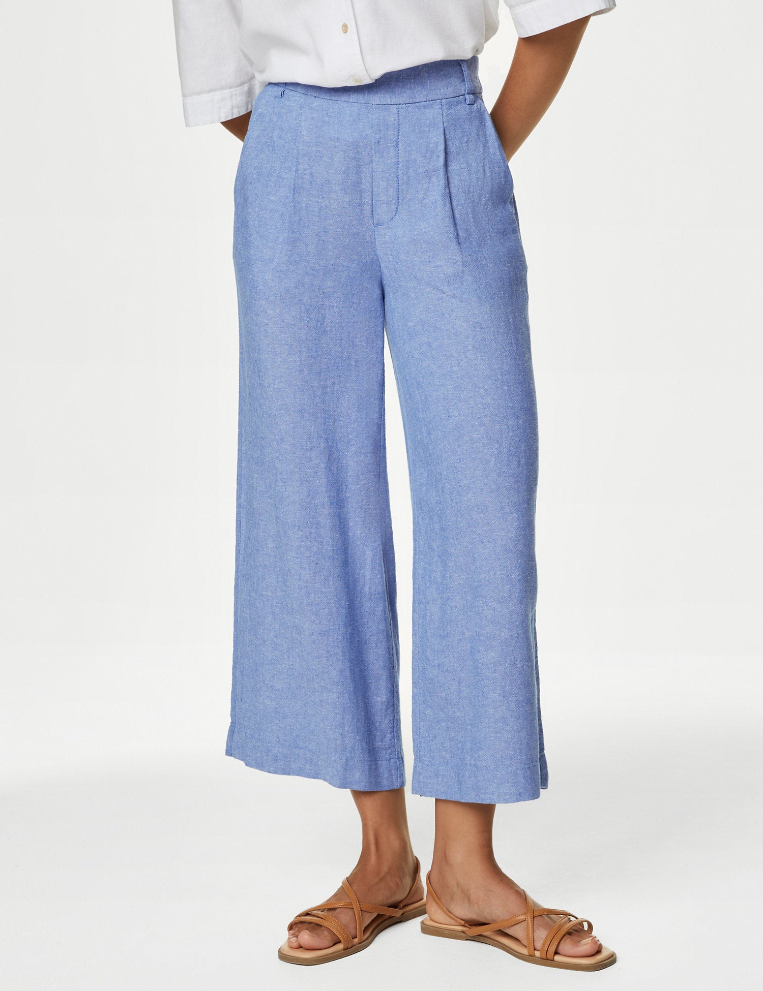 Linen Rich Wide Leg Cropped Trousers
