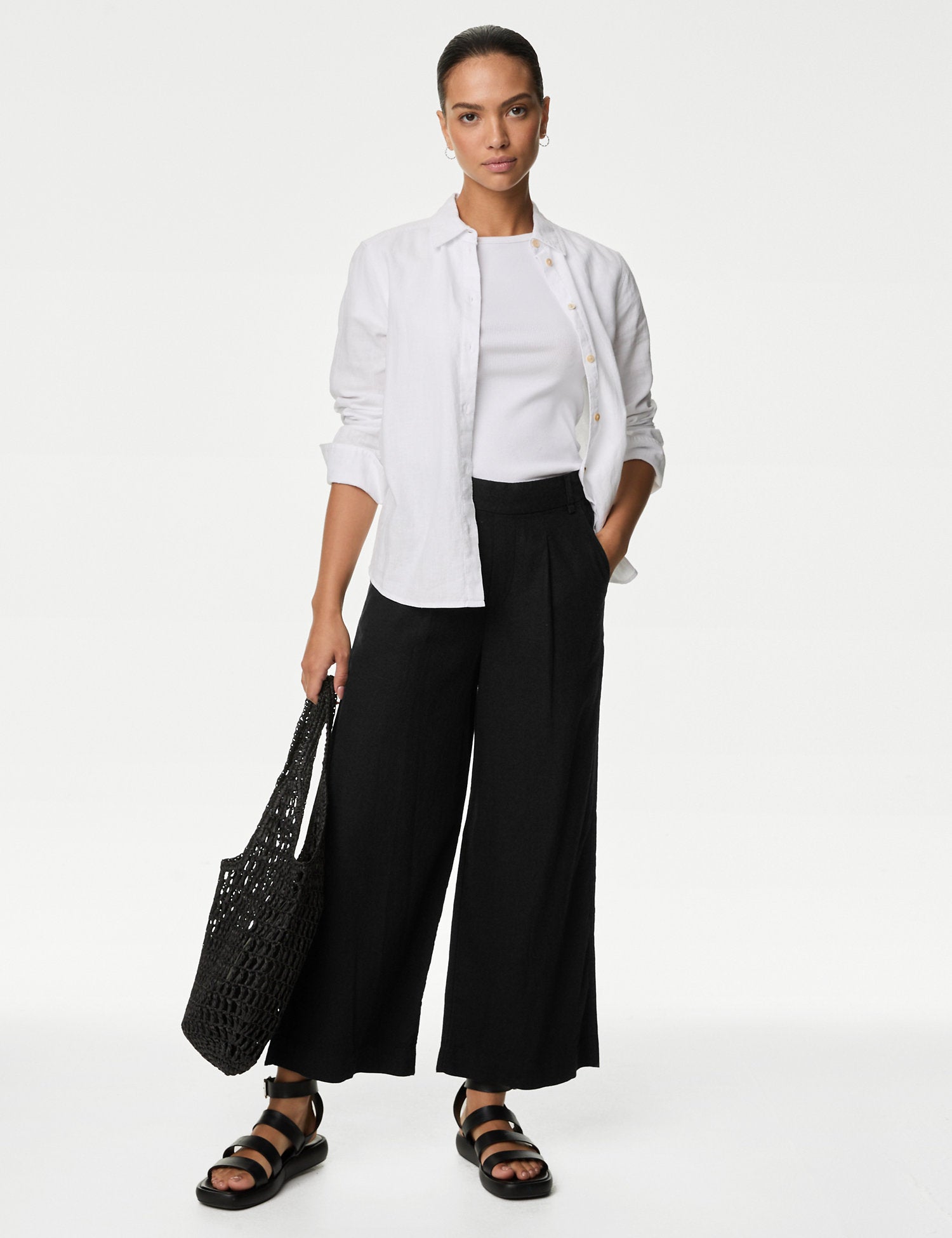 Linen Rich Wide Leg Cropped Trousers