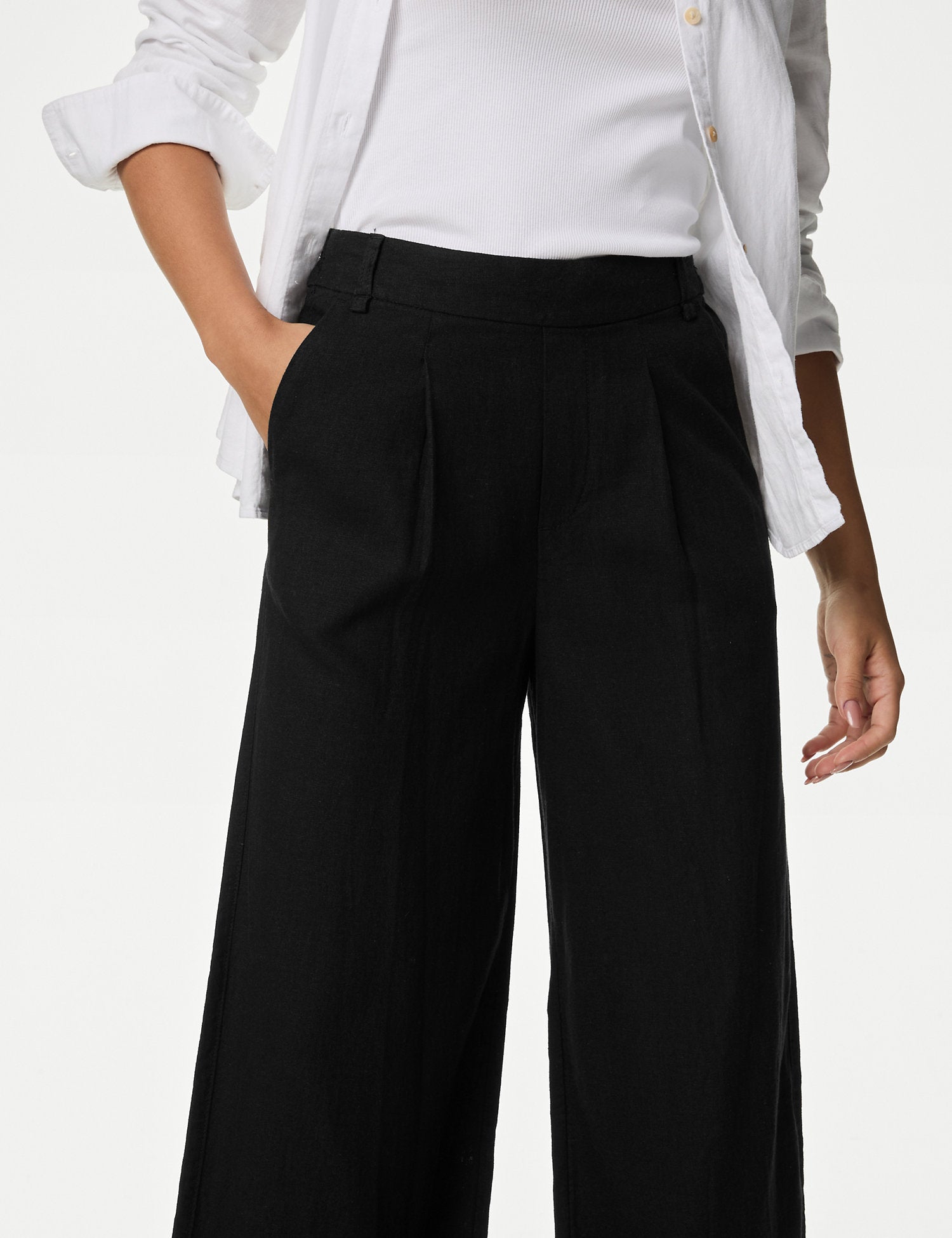Linen Rich Wide Leg Cropped Trousers