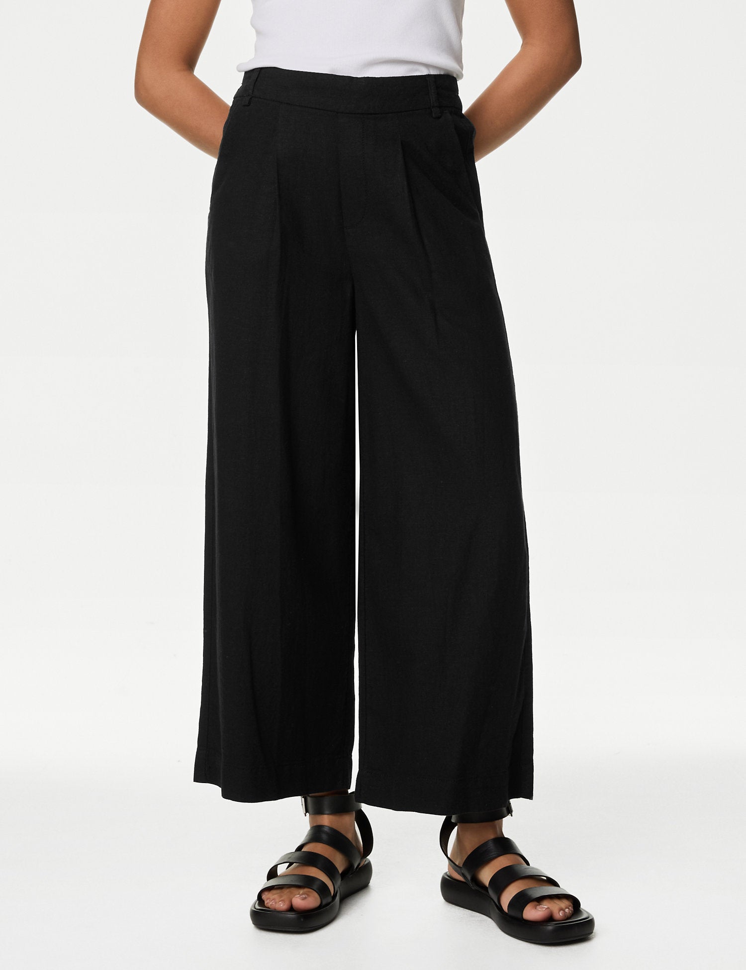Linen Rich Wide Leg Cropped Trousers
