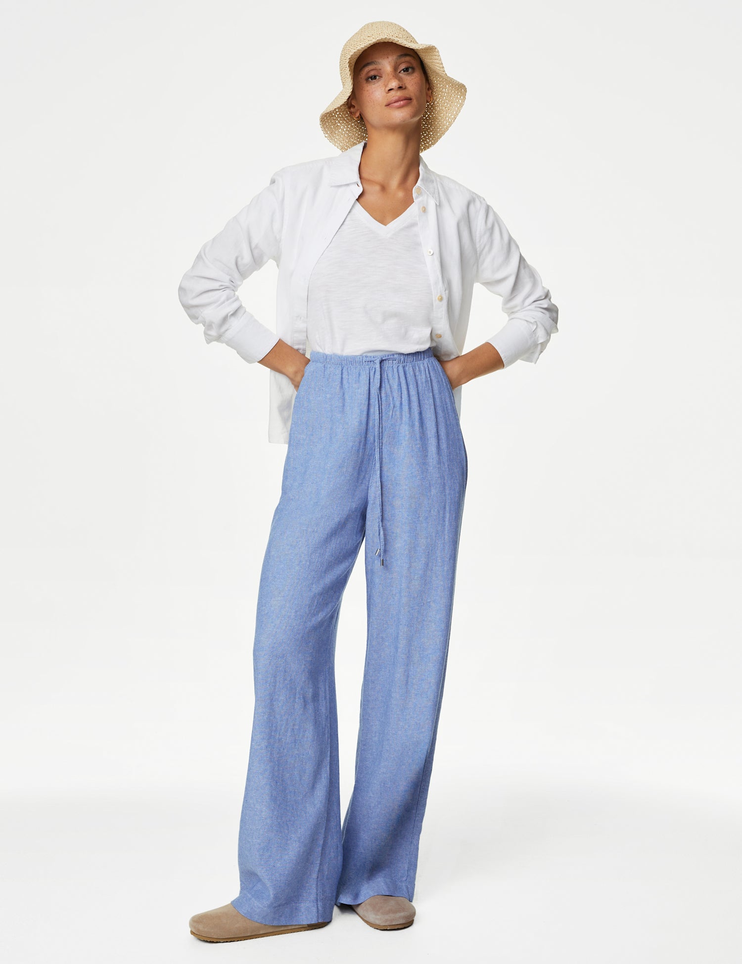 Linen Blend Wide Leg Trousers
