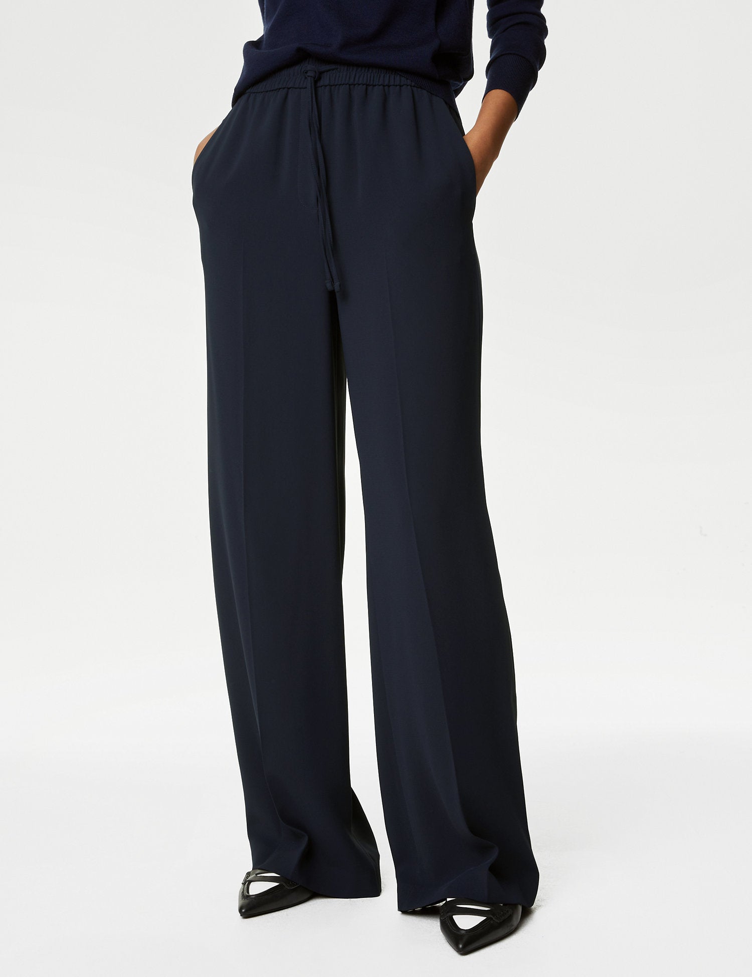 Crepe Drawstring Wide Leg Trousers