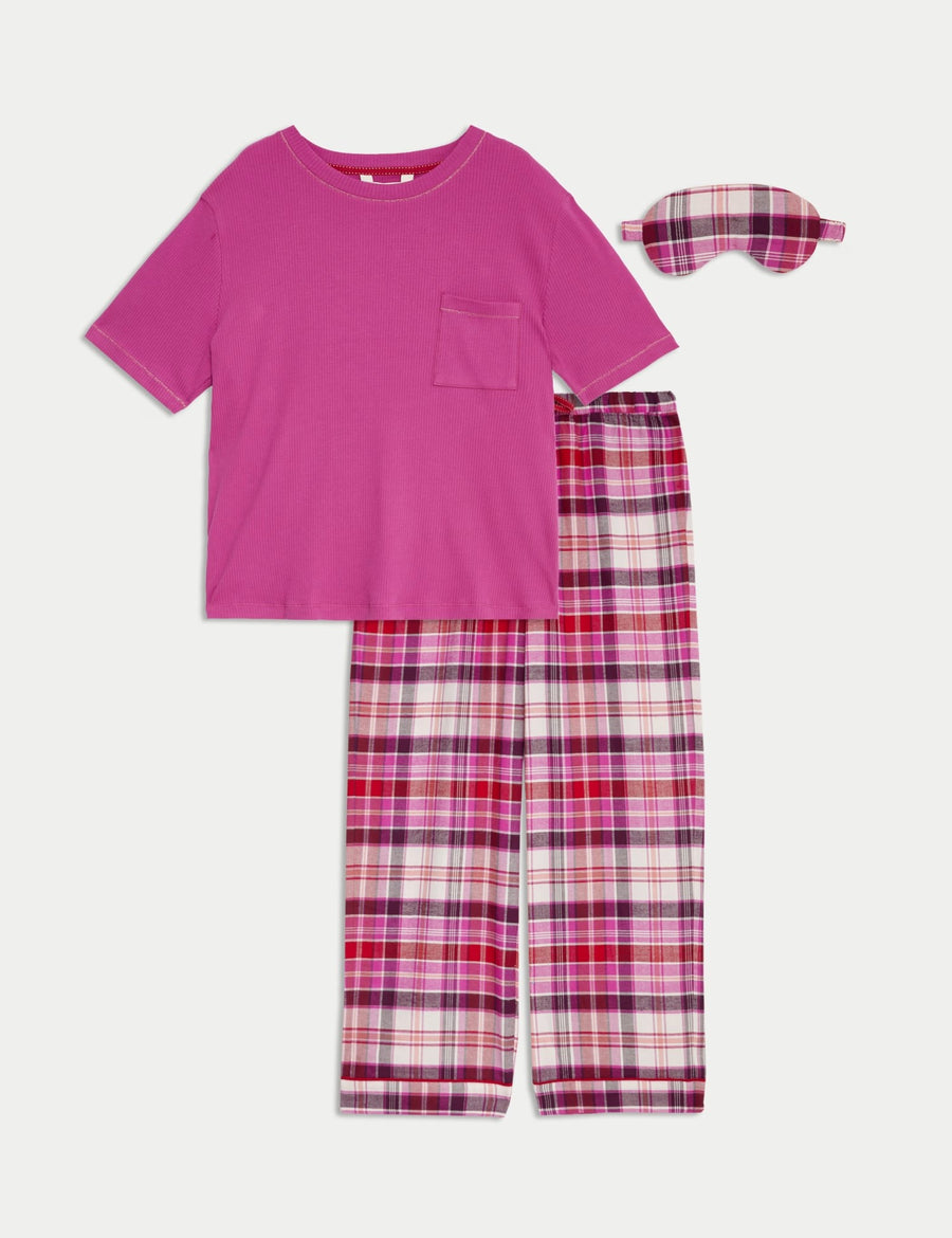 Cotton Rich Checked Pyjama Set with Eye Mask