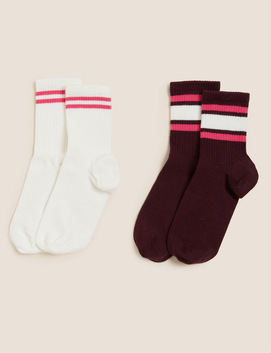 2pk Cotton Rich Striped Ankle High Socks