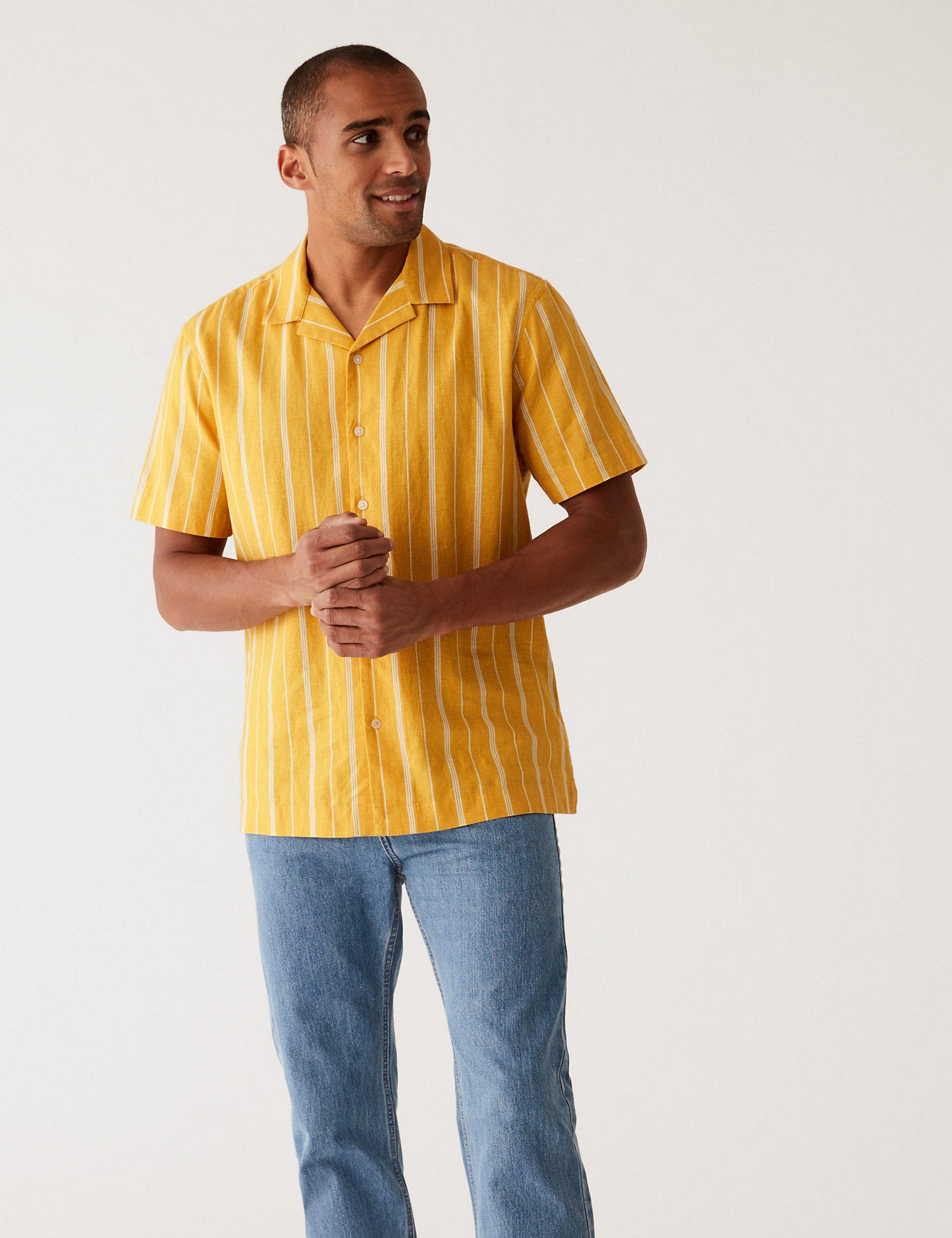 Linen Blend Striped Cuban Collar Shirt