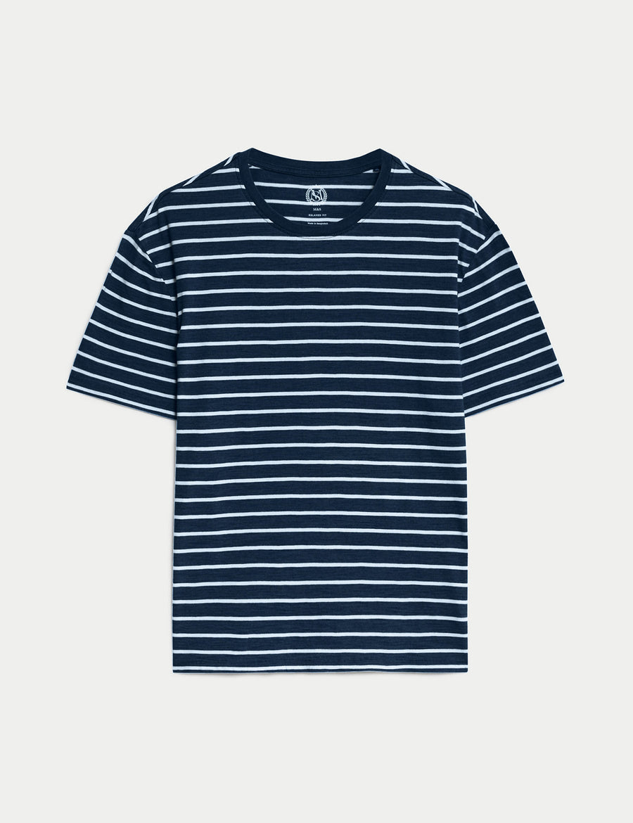Pure Cotton Emroidered M&S Logo Striped T-Shirt