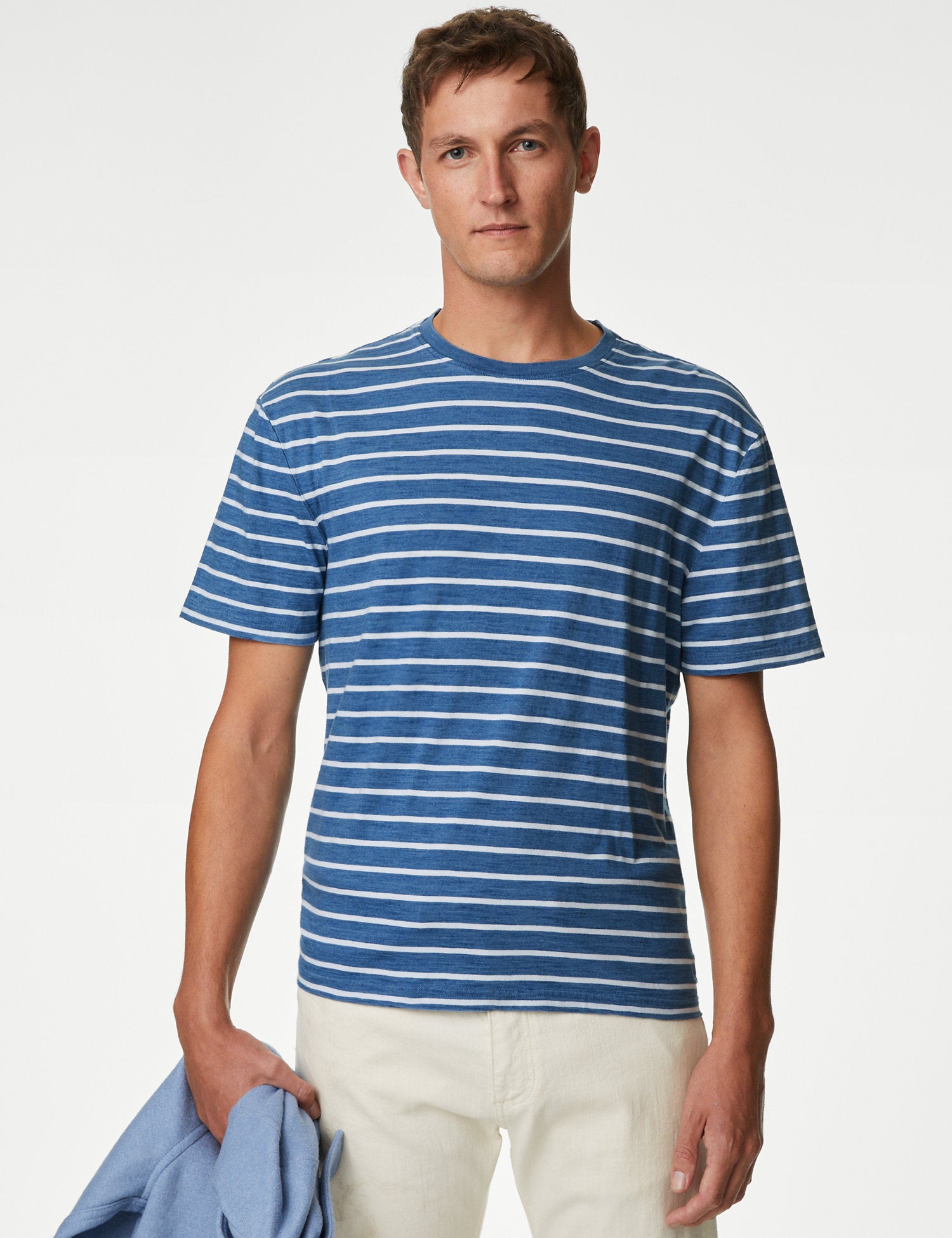 Pure Cotton Emroidered M&S Logo Striped T-Shirt