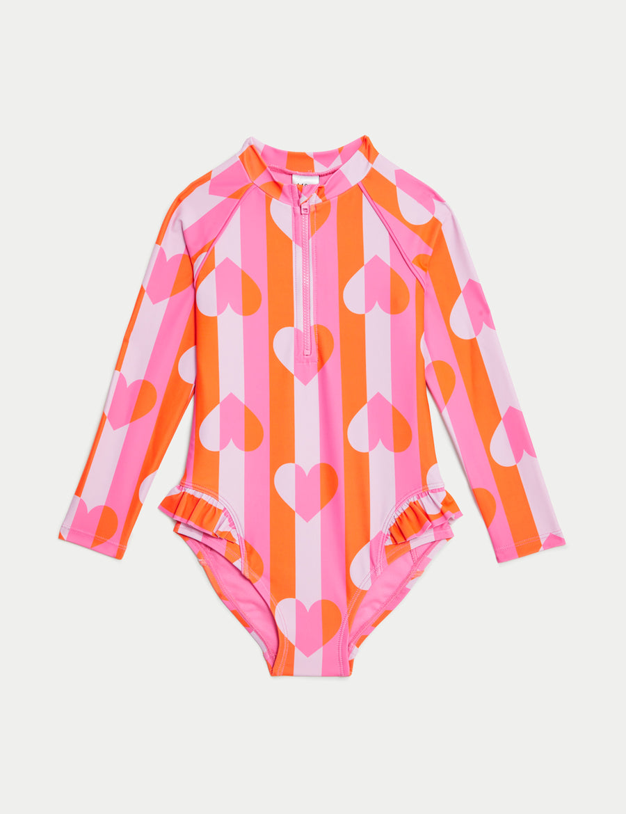 Printed Frill Long Sleeve Swimsuit