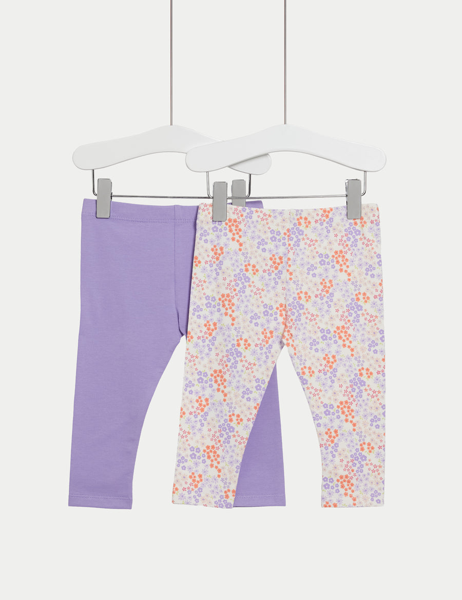 2pk Cotton Rich Plain & Floral Leggings