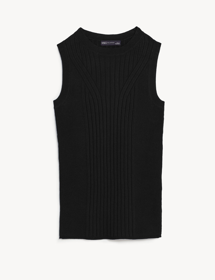 Ribbed Crew Neck Fitted Knitted Vest